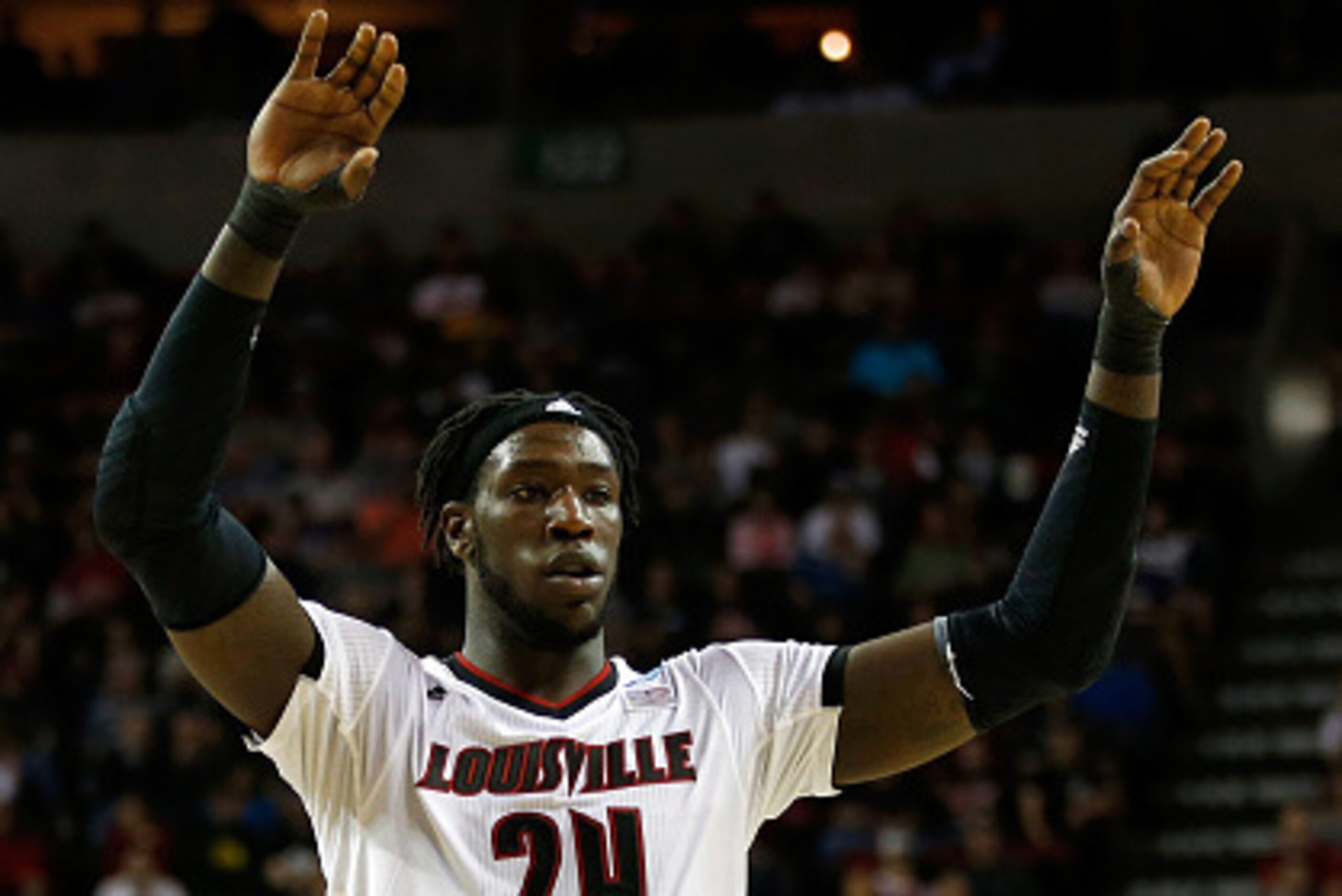 SEATTLE, WA - MARCH 22:  Montrezl Harrell #24 of the Louisville Cardinals reacts against the Northern Iowa Panthers against the Northern Iowa Panthers during the third round of the 2015 NCAA Men's Basketball Tournament at KeyArena on March 22, 2015 in Sea