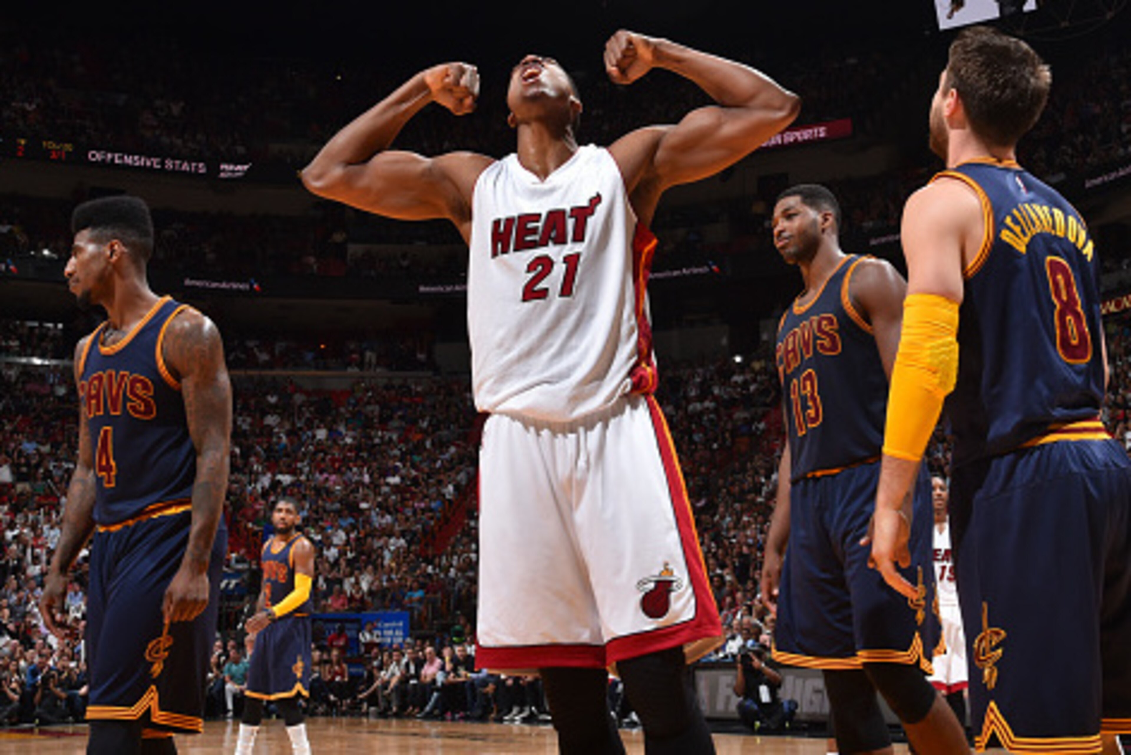 Miami,FL - MARCH 16: Hassan Whiteside #21 of the Miami Heat reacts after going up strong to the basket against the Cleveland Cavaliers at the American Airlines Arena on March 16, 2015 in Miami ,Florida.NOTE TO USER: User expressly acknowledges and agrees Miami,FL - MARCH 16: Hassan Whiteside #21 of the Miami Heat reacts after going up strong to the basket against the Cleveland Cavaliers at the American Airlines Arena on March 16, 2015 in Miami ,Florida.NOTE TO USER: User expressly acknowledges and agrees