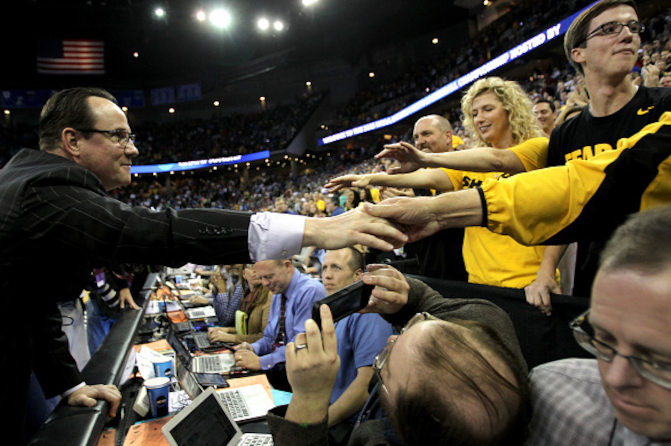 OMAHA, NE - MARCH 22:  Head coach Gregg Marshall of the Wichita State Shockers celebrates after defeating the Kansas Jayhawks in the third round of the 2015 NCAA Men's Basketball Tournament at the CenturyLink Center on March 22, 2015 in Omaha, Nebraska.  
