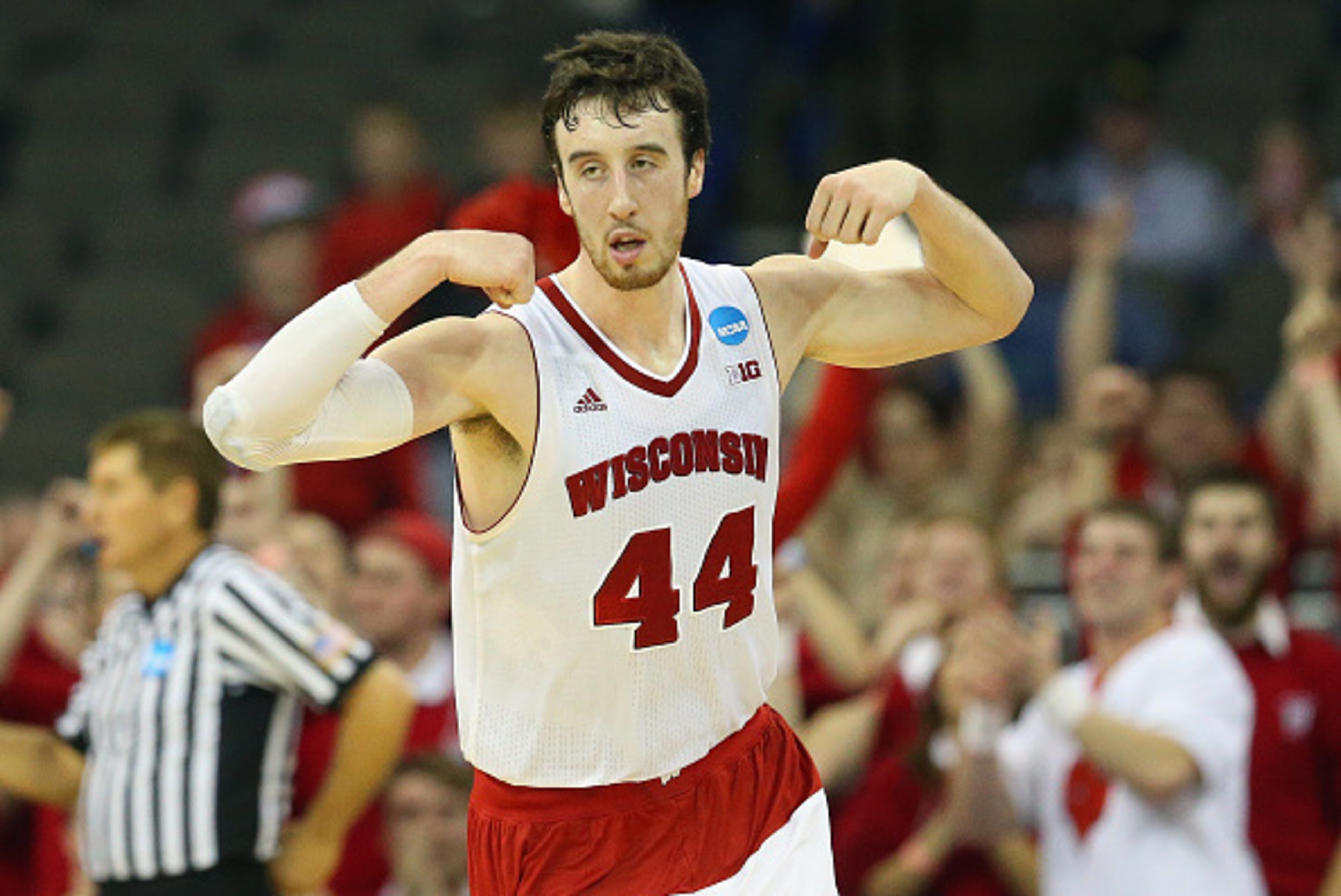 OMAHA, NE - MARCH 22: Frank Kaminsky #44 of the Wisconsin Badgers reacts during the third round of the 2015 NCAA Men's Basketball Tournament at the CenturyLink Center on March 22, 2015 in Omaha, Nebraska  (Photo by Ronald Martinez/Getty Images)