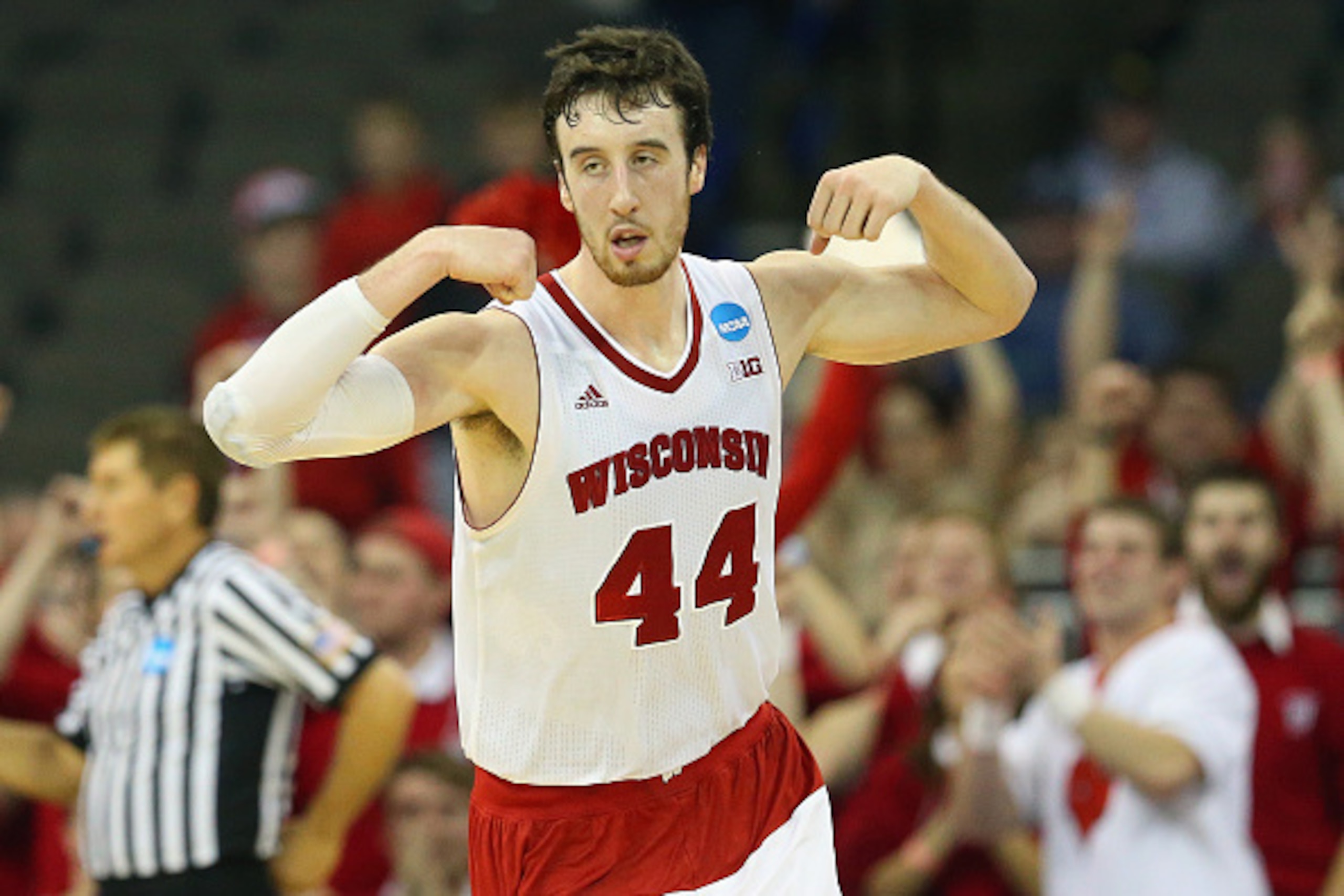 OMAHA, NE - MARCH 22: Frank Kaminsky #44 of the Wisconsin Badgers reacts during the third round of the 2015 NCAA Men's Basketball Tournament at the CenturyLink Center on March 22, 2015 in Omaha, Nebraska  (Photo by Ronald Martinez/Getty Images)