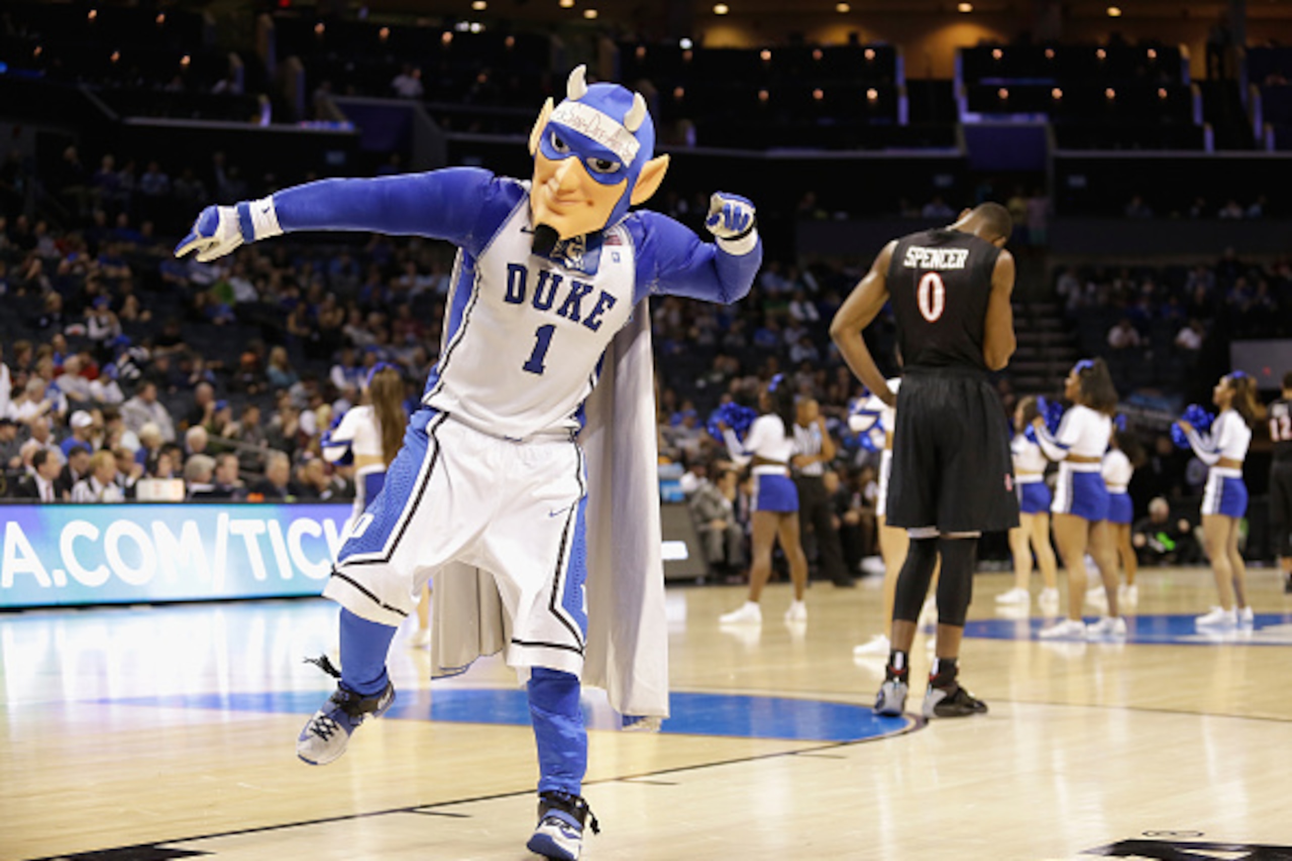 CHARLOTTE, NC - MARCH 22:  The mascot of the Duke Blue Devils reacts after defeating the San Diego State Aztecs 68-49 during the third round of the 2015 NCAA Men's Basketball Tournament at Time Warner Cable Arena on March 22, 2015 in Charlotte, North Caro