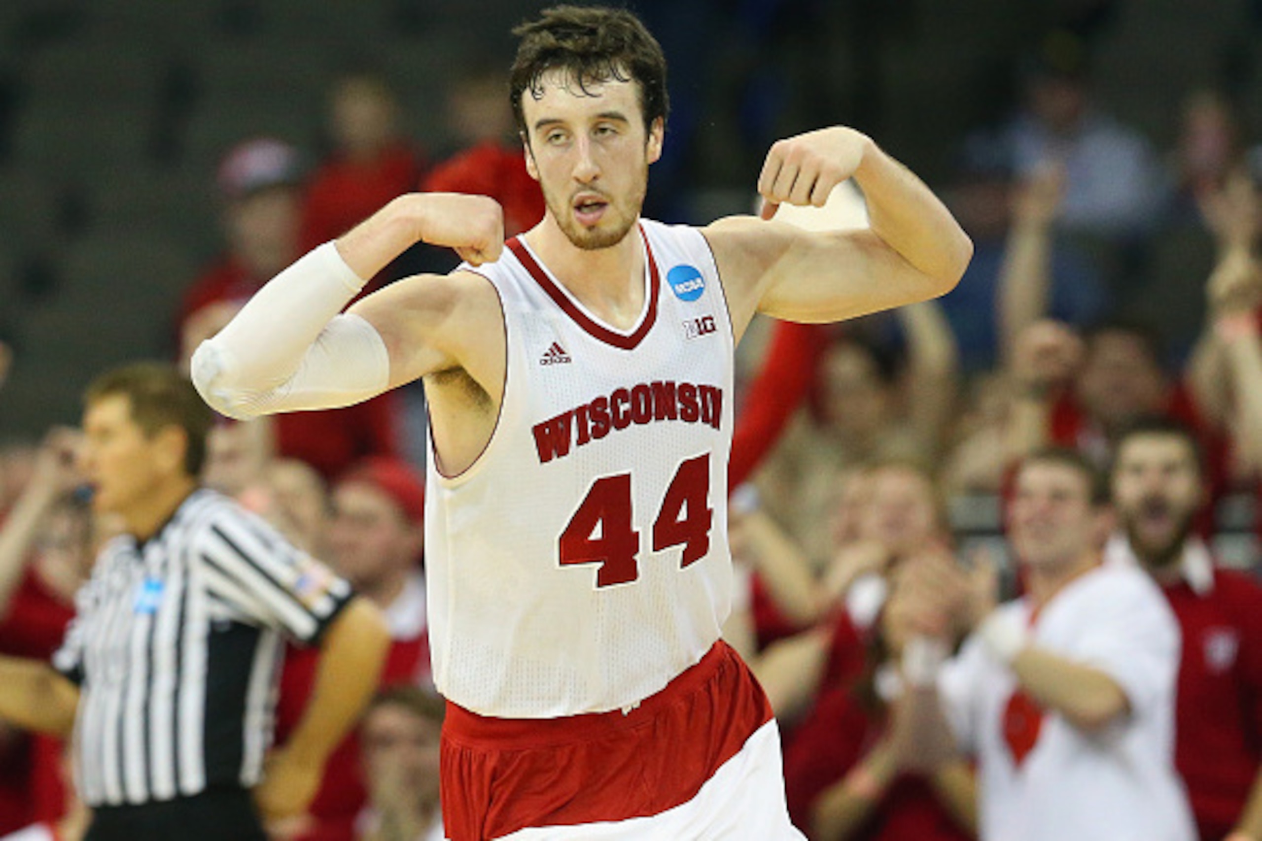 OMAHA, NE - MARCH 22: Frank Kaminsky #44 of the Wisconsin Badgers reacts during the third round of the 2015 NCAA Men's Basketball Tournament at the CenturyLink Center on March 22, 2015 in Omaha, Nebraska  (Photo by Ronald Martinez/Getty Images)