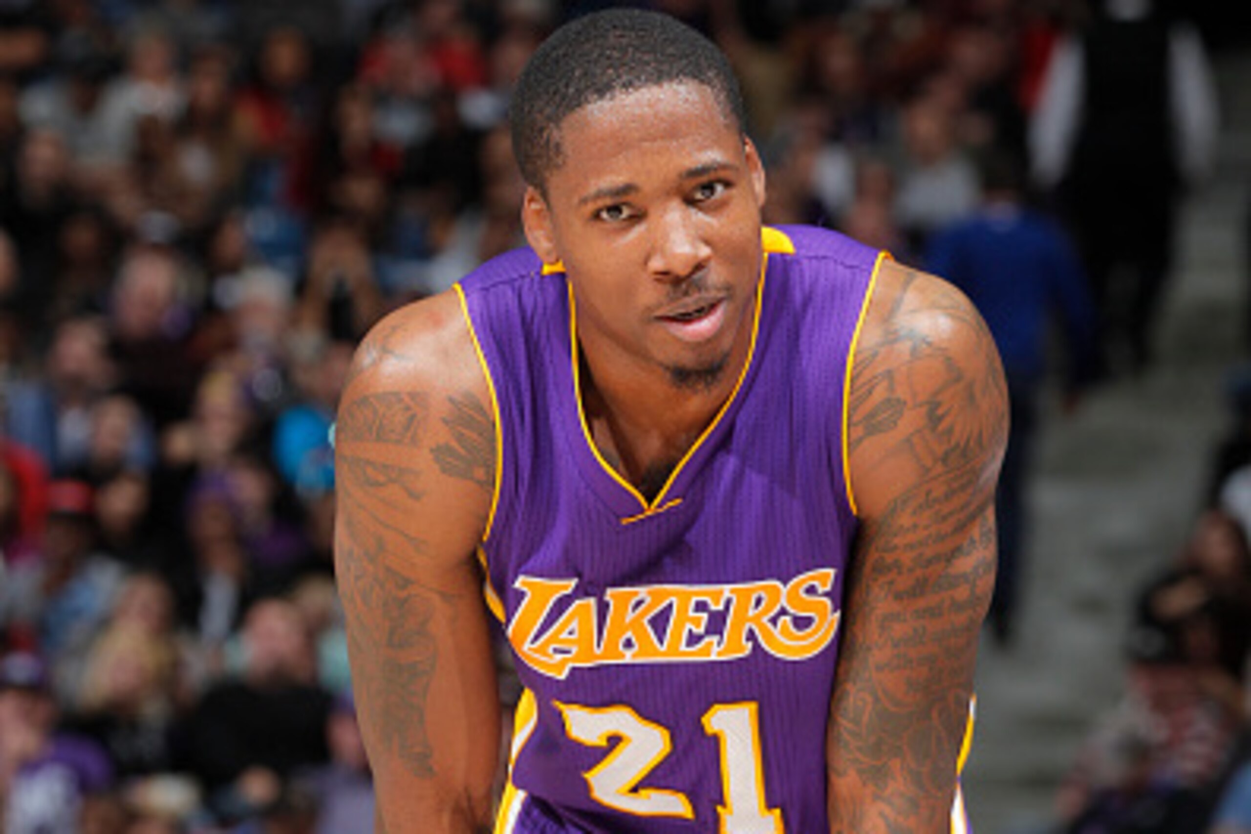SACRAMENTO, CA - DECEMBER 21: Ed Davis #21 of the Los Angeles Lakers looks on during the game against the Sacramento Kings on December 21, 2014 at Sleep Train Arena in Sacramento, California. NOTE TO USER: User expressly acknowledges and agrees that, by d