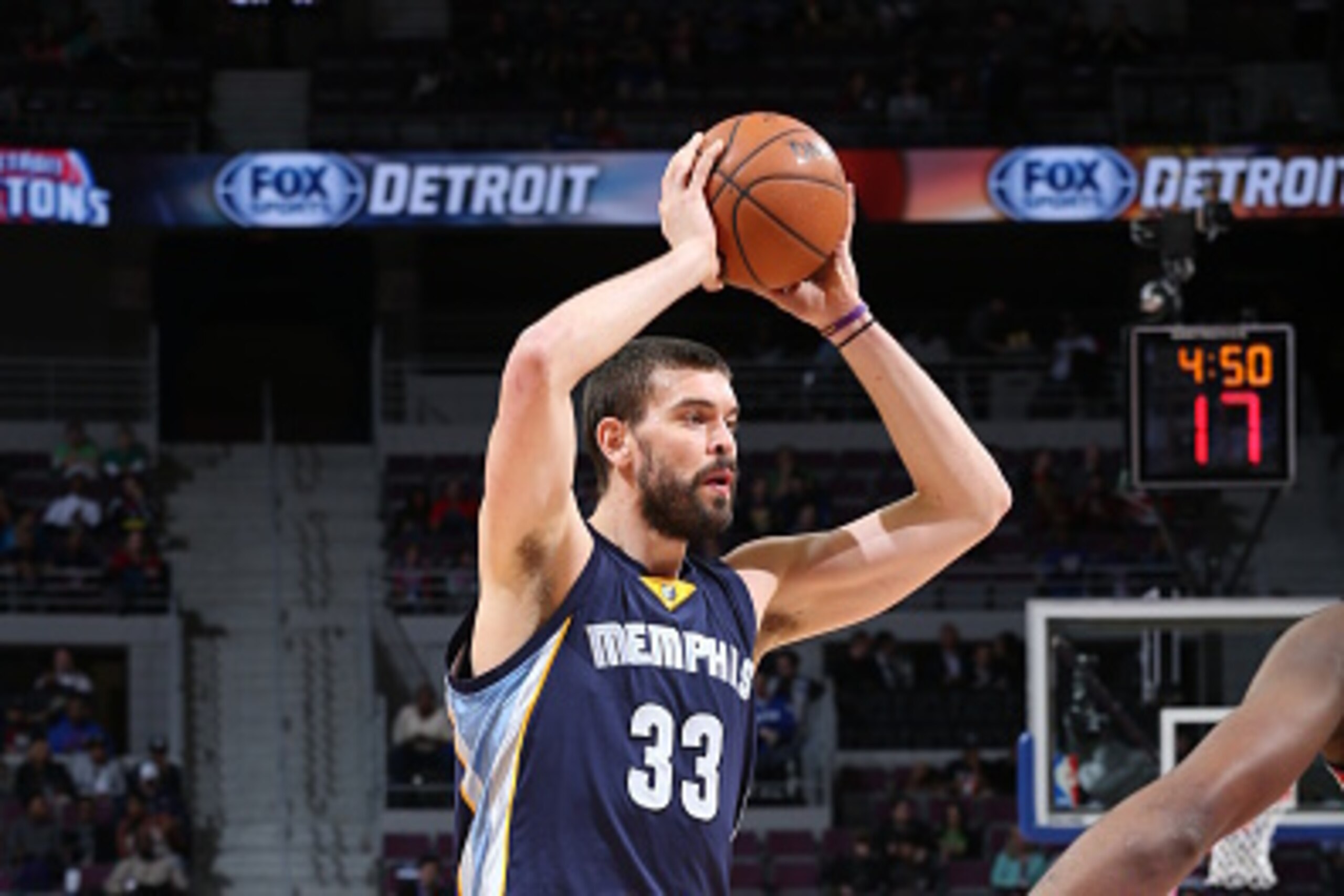 AUBURN HILLS, MI - MARCH 17: Marc Gasol #33 of the Memphis Grizzlies handles the ball against the Detroit Pistons on March 17, 2015 at the Palace of Auburn Hills in Auburn Hills, Michigan. NOTE TO USER: User expressly acknowledges and agrees that, by dow AUBURN HILLS, MI - MARCH 17: Marc Gasol #33 of the Memphis Grizzlies handles the ball against the Detroit Pistons on March 17, 2015 at the Palace of Auburn Hills in Auburn Hills, Michigan. NOTE TO USER: User expressly acknowledges and agrees that, by dow
