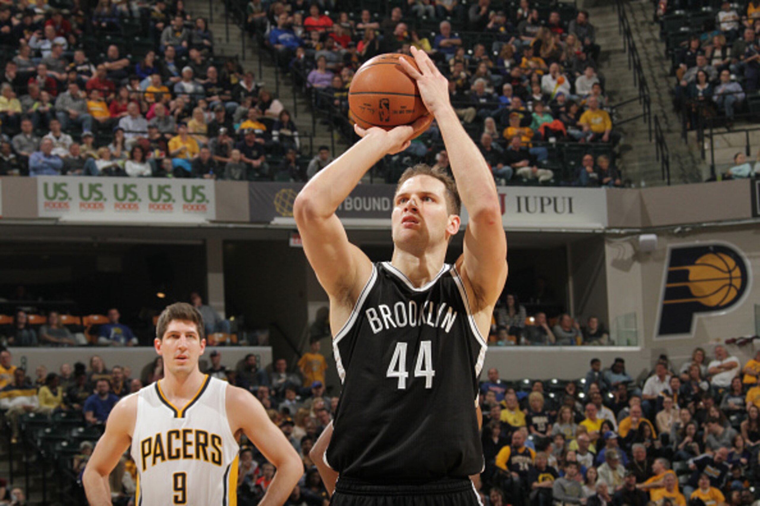INDIANAPOLIS, IN - MARCH 21: Bojan Bogdanovic #44 of the Brooklyn Nets shoots against the Indiana Pacers during the game on March 21, 2015 at Bankers Life Fieldhouse in Indianapolis, Indiana. NOTE TO USER: User expressly acknowledges and agrees that, by d INDIANAPOLIS, IN - MARCH 21: Bojan Bogdanovic #44 of the Brooklyn Nets shoots against the Indiana Pacers during the game on March 21, 2015 at Bankers Life Fieldhouse in Indianapolis, Indiana. NOTE TO USER: User expressly acknowledges and agrees that, by d