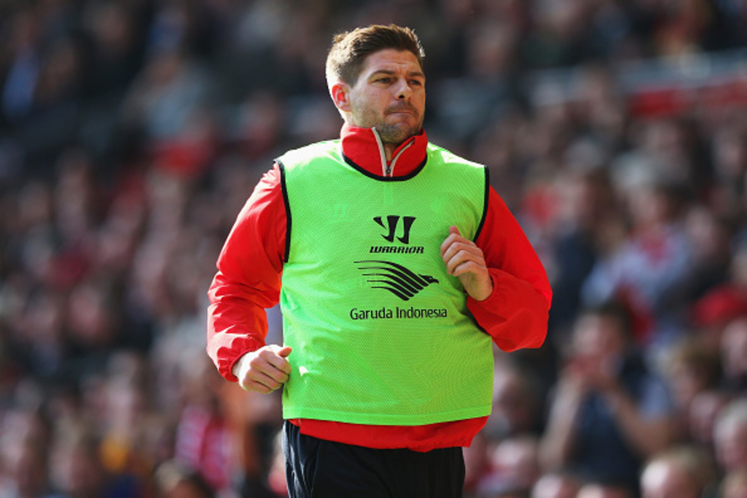 LIVERPOOL, ENGLAND - MARCH 22: Steven Gerrard of Liverpool warms up during the Barclays Premier League match between Liverpool and Manchester United at Anfield on March 22, 2015 in Liverpool, England.  (Photo by Alex Livesey/Getty Images)