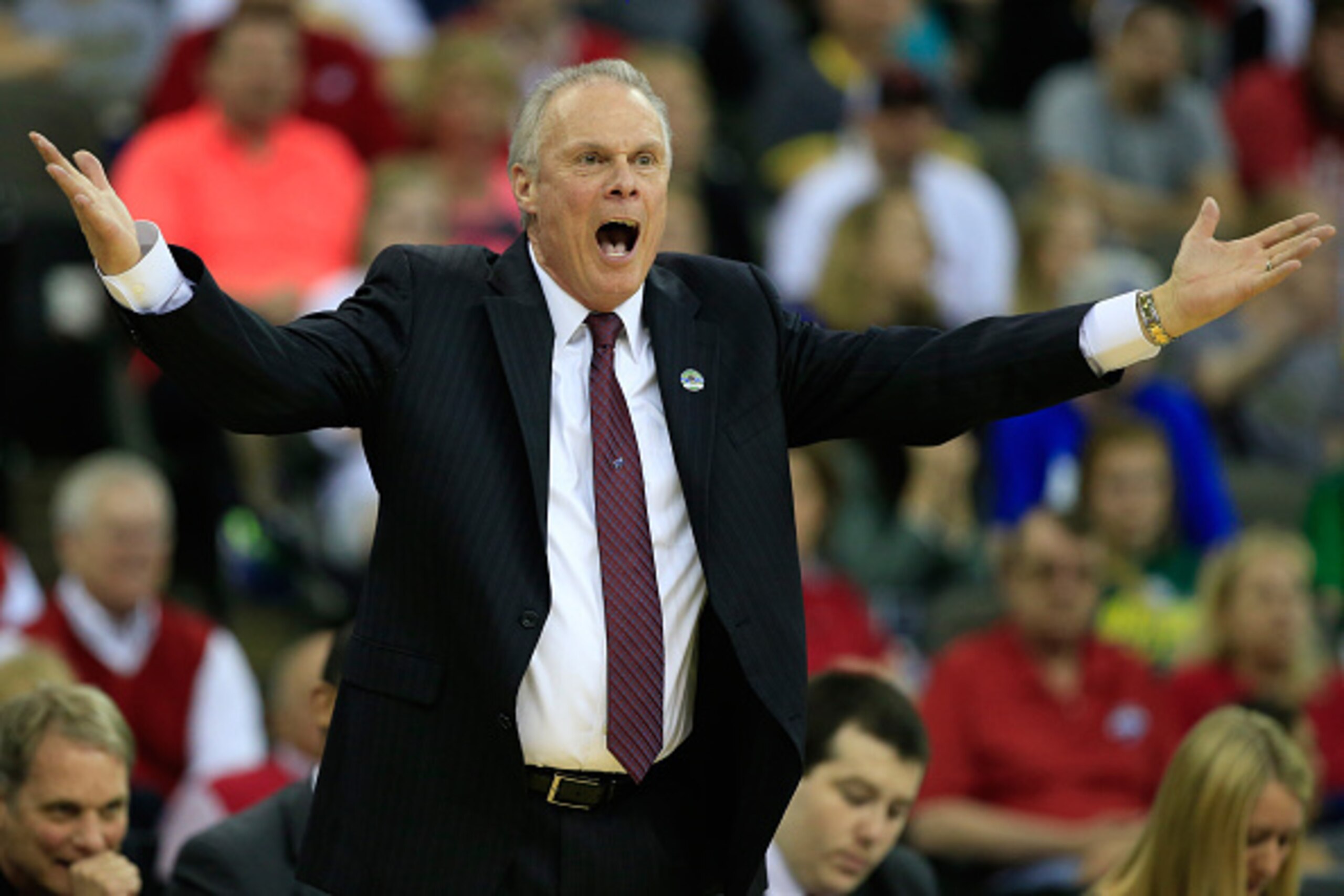 OMAHA, NE - MARCH 22:  Head coach Bo Ryan of the Wisconsin Badgers reacts against the Oregon Ducks in the first half during the third round of the 2015 NCAA Men's Basketball Tournament at the CenturyLink Center on March 22, 2015 in Omaha, Nebraska.  (Phot