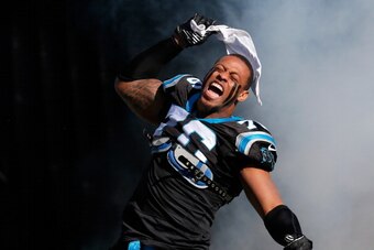 CHARLOTTE, NC - JANUARY 12: Greg Hardy #76 of the Carolina Panthers runs onto the field during player introductions against the San Francisco 49ers during the NFC Divisional Playoff Game at Bank of America Stadium on January 12, 2014 in Charlotte, North C