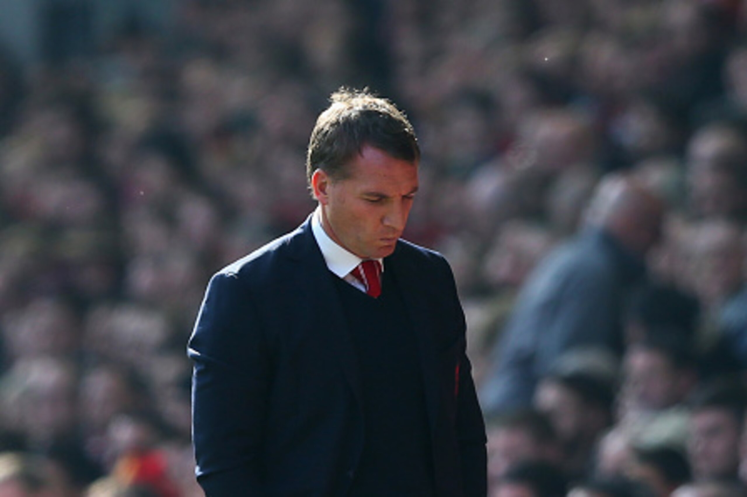 LIVERPOOL, ENGLAND - MARCH 22: Brendan Rodgers, manager of Liverpool looks dejected during the Barclays Premier League match between Liverpool and Manchester United at Anfield on March 22, 2015 in Liverpool, England.  (Photo by Alex Livesey/Getty Images)