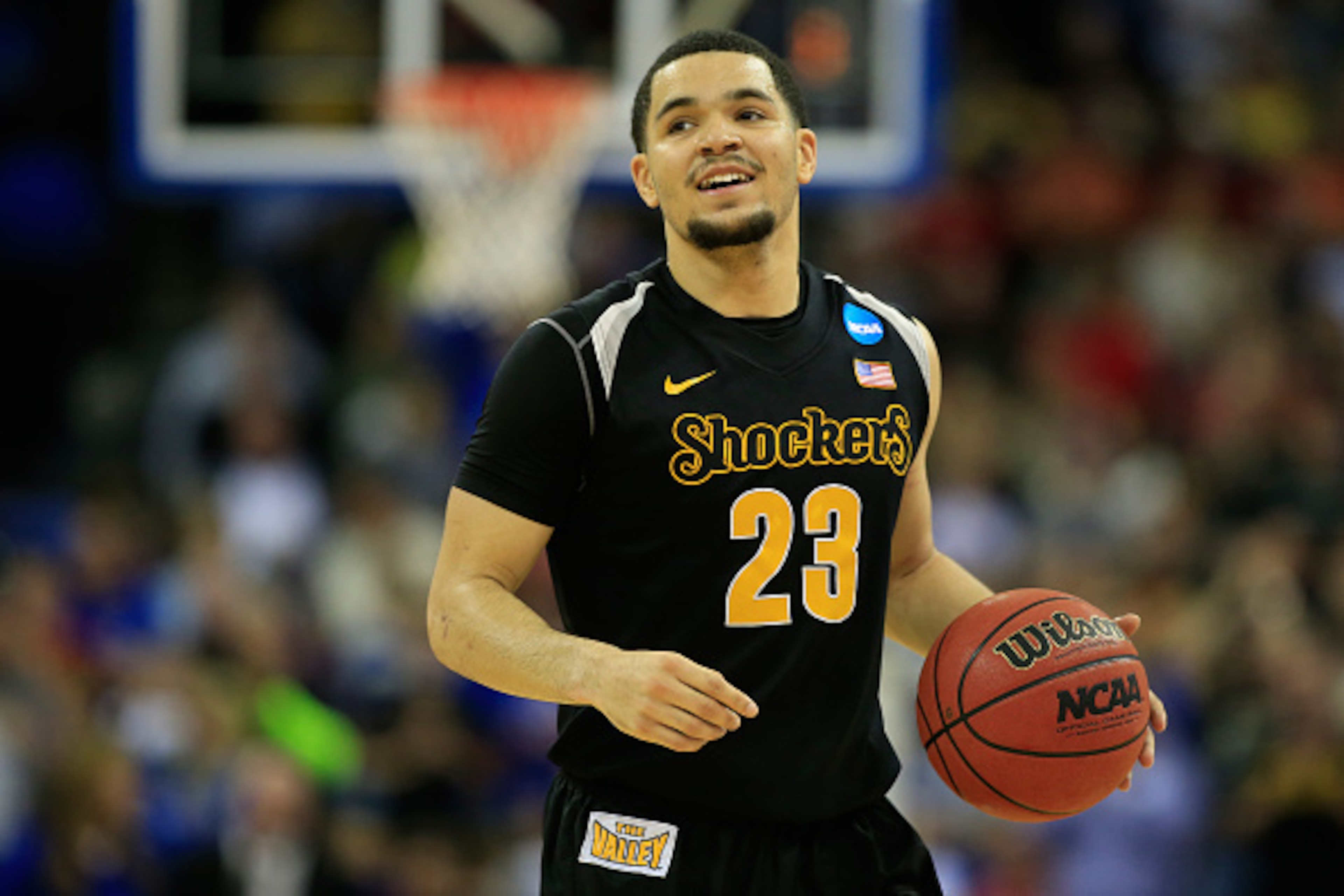 OMAHA, NE - MARCH 22:  Fred VanVleet #23 of the Wichita State Shockers celebrates as the second half ends against the Kansas Jayhawks during the third round of the 2015 NCAA Men's Basketball Tournament at the CenturyLink Center on March 22, 2015 in Omaha,