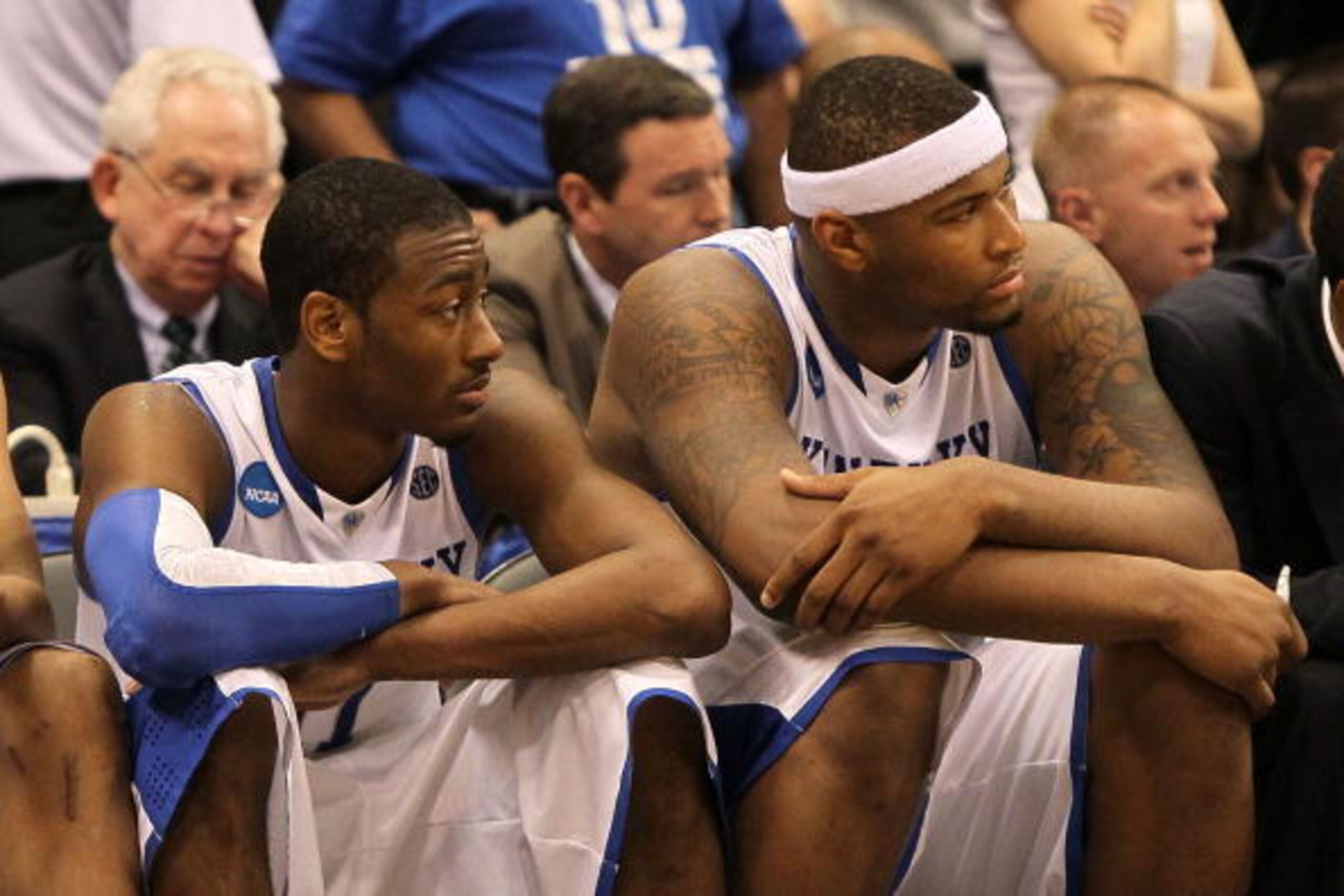 SYRACUSE, NY - MARCH 27: (L-R) John Wall #11 and DeMarcus Cousins #15 of the Kentucky Wildcats sit on the bench dejected in the final minutes of the second half against the West Virginia Mountaineers during the east regional final of the 2010 NCAA men's SYRACUSE, NY - MARCH 27: (L-R) John Wall #11 and DeMarcus Cousins #15 of the Kentucky Wildcats sit on the bench dejected in the final minutes of the second half against the West Virginia Mountaineers during the east regional final of the 2010 NCAA men's