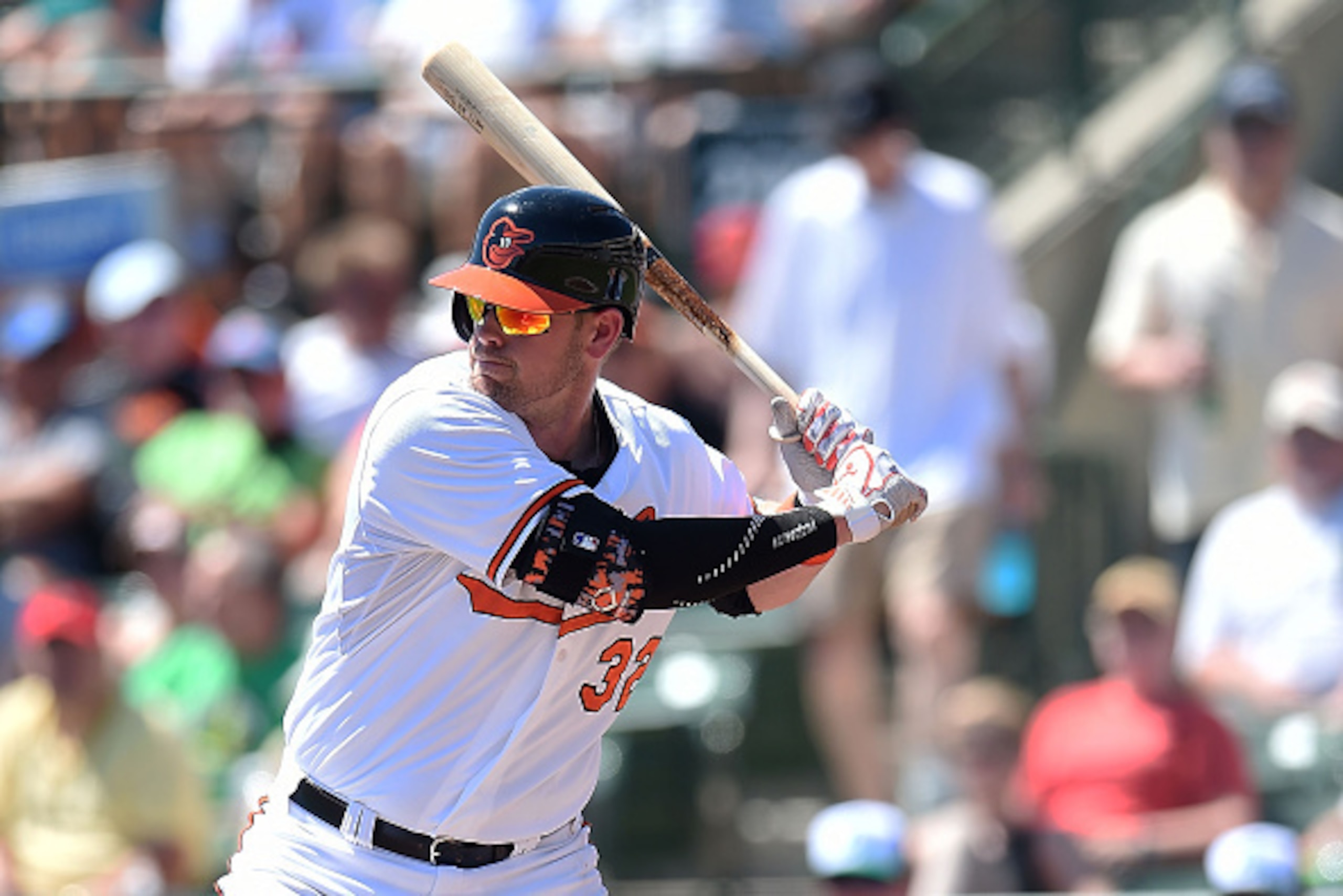 SARASOTA, FL - MARCH 17:  Matt Wieters #32 of the Baltimore Orioles waits for a pitch during the second inning of a spring training game against the Minnesota Twins at Ed Smith Stadium on March 17, 2015 in Sarasota, Florida.  (Photo by Stacy Revere/Getty 