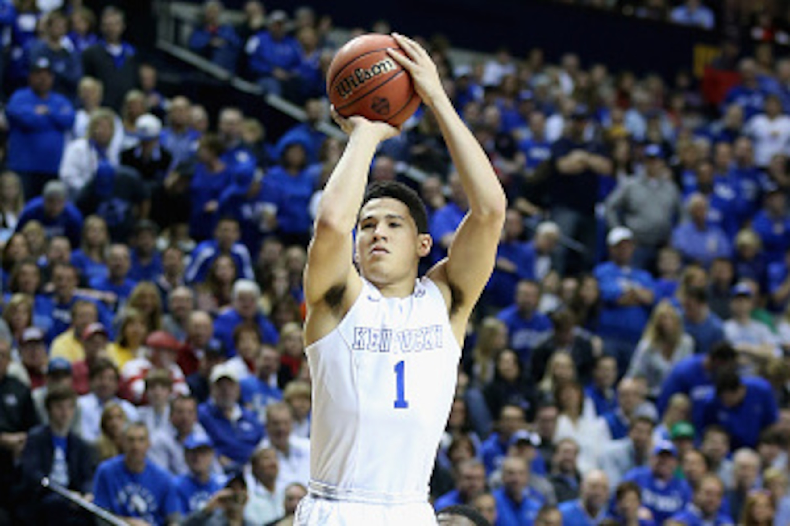 NASHVILLE, TN - MARCH 14:  Devin Booker #1 of the Kentucky Wildcats shoots the ball against the Auburn Tigers during the SEC Basketball Tournament Semifinals at Bridgestone Arena on March 14, 2015 in Nashville, Tennessee.  (Photo by Andy Lyons/Getty Image
