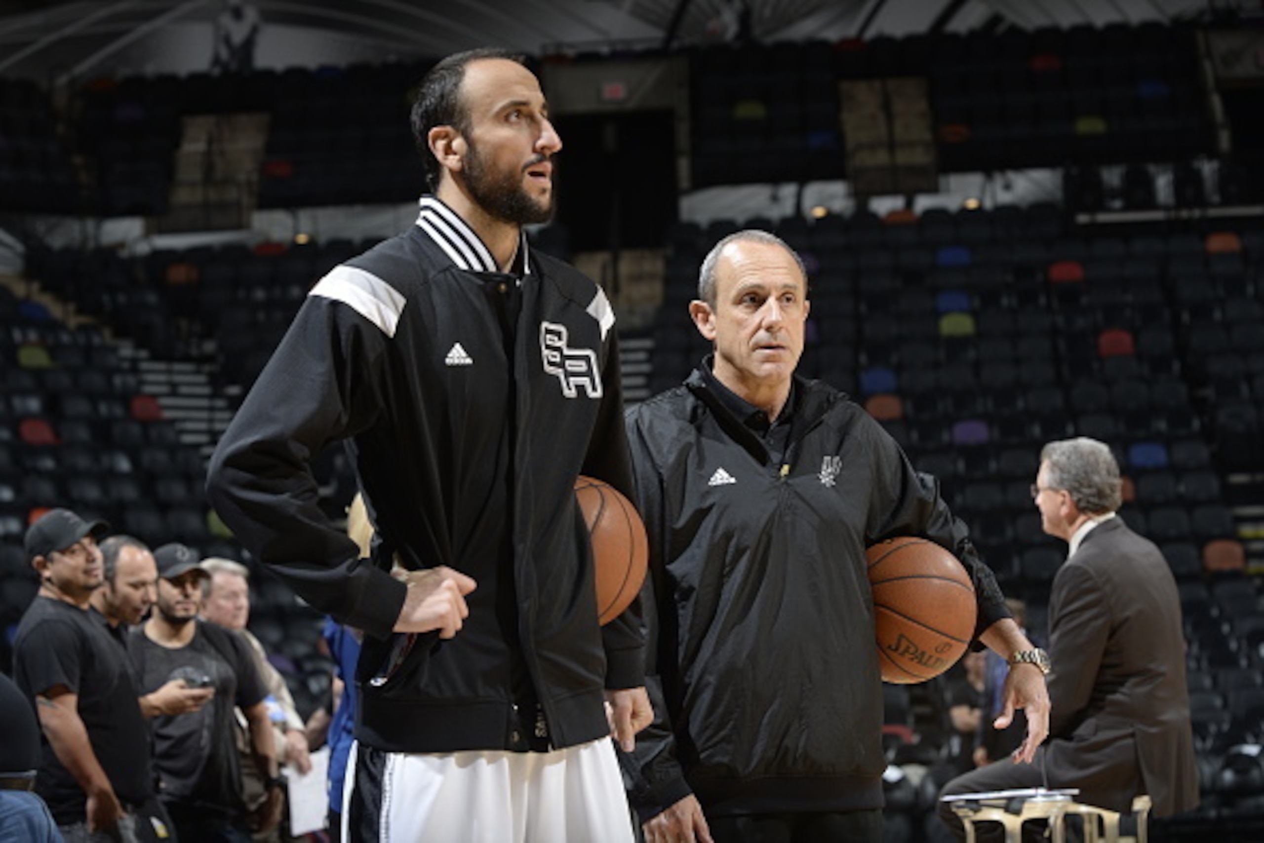 SAN ANTONIO, TX - MARCH 10:  Manu Ginobili #20 of the San Antonio Spurs warms up before the game against the Toronto Raptors on March 10, 2015 at the AT&T Center in San Antonio, Texas. NOTE TO USER: User expressly acknowledges and agrees that, by download