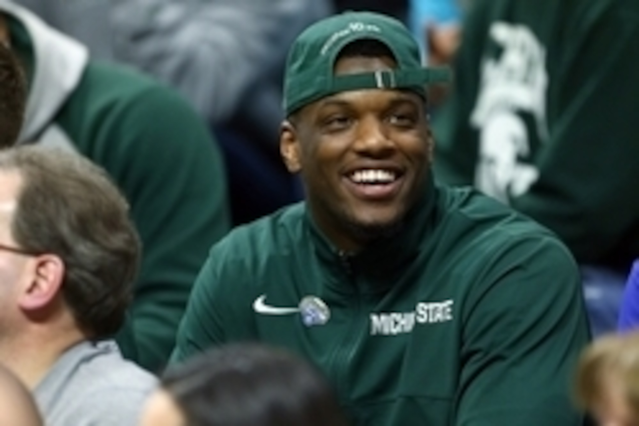 Jan 11, 2015; East Lansing, MI, USA; Michigan State Spartans Shilique Calhoun watches game after press conference announcing that he is returning for final year during the second half of a game at Jack Breslin Student Events Center. Mandatory Credit: Mike