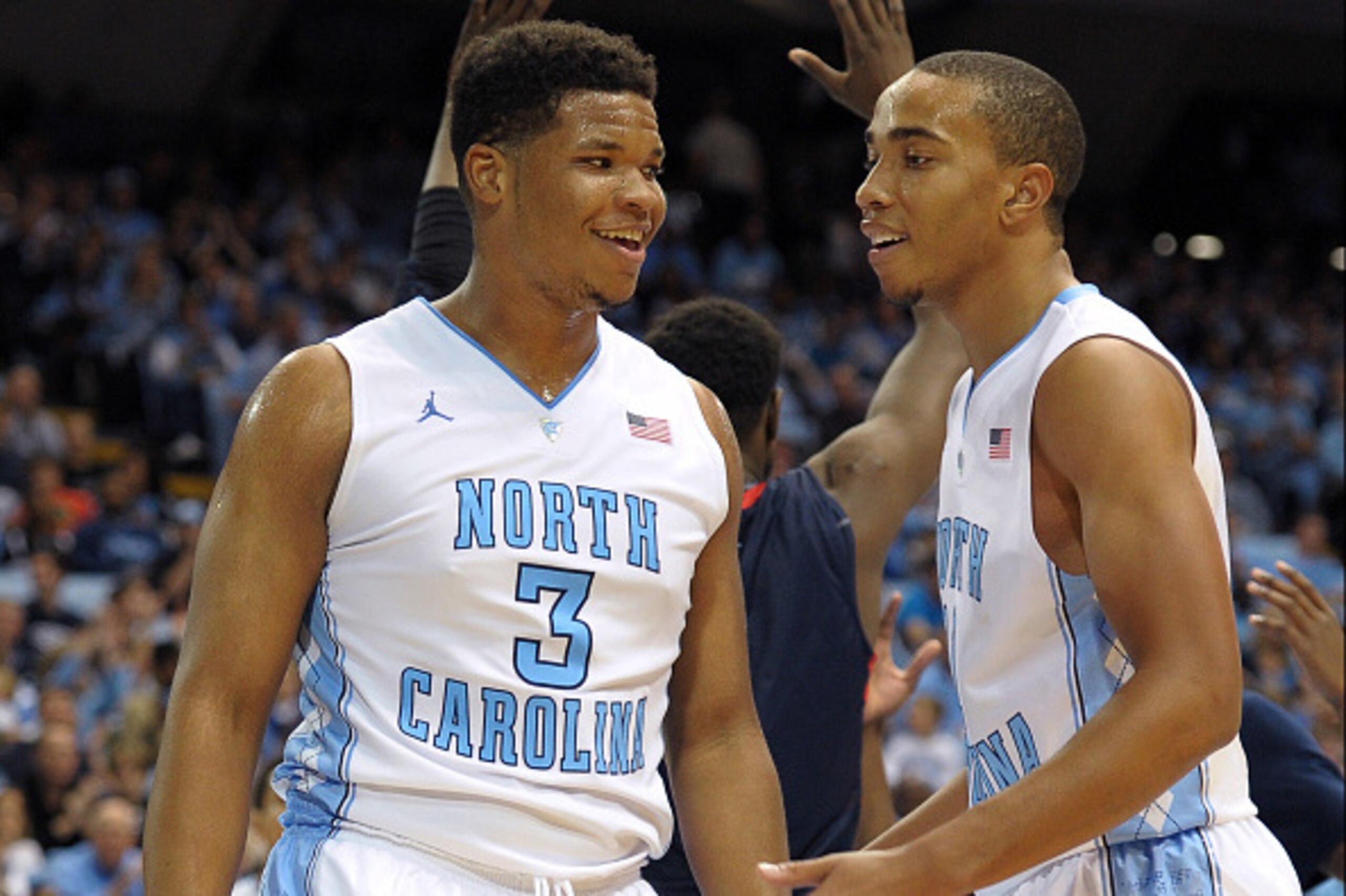 CHAPEL HILL, NC - NOVEMBER 16: Kennedy Meeks #3 and Brice Johnson #11 of the North Carolina Tar Heels react following a play during their game against the Robert Morris Colonials at the Dean Smith Center on November 16, 2014 in Chapel Hill, North Carolina CHAPEL HILL, NC - NOVEMBER 16: Kennedy Meeks #3 and Brice Johnson #11 of the North Carolina Tar Heels react following a play during their game against the Robert Morris Colonials at the Dean Smith Center on November 16, 2014 in Chapel Hill, North Carolina