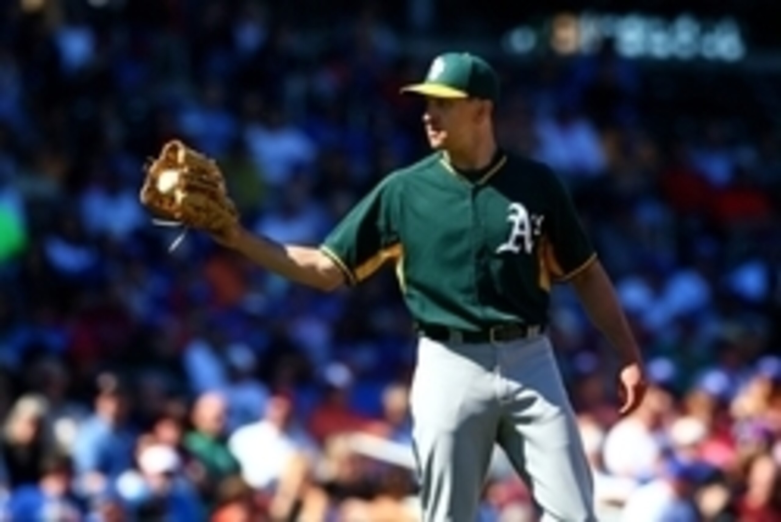 Mar 5, 2015; Mesa, AZ, USA; Oakland Athletics pitcher Pat Venditte against the Chicago Cubs during a spring training baseball game at Sloan Park. Mandatory Credit: Mark J. Rebilas-USA TODAY Sports