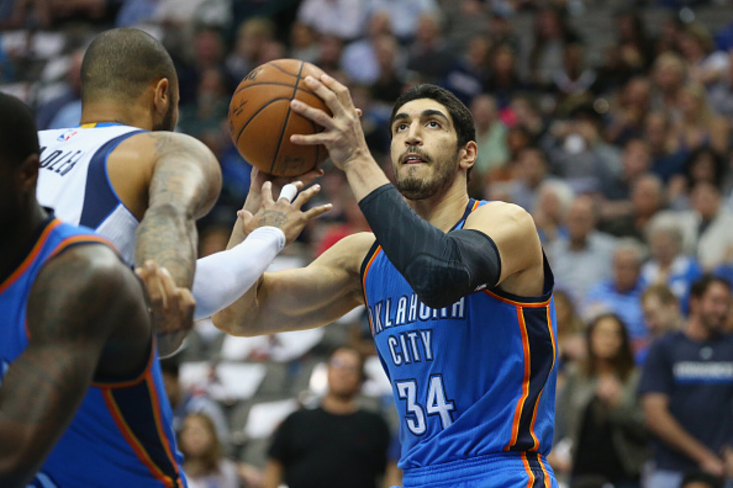 DALLAS, TX - MARCH 16:  Enes Kanter #34 of the Oklahoma City Thunder at American Airlines Center on March 16, 2015 in Dallas, Texas.  NOTE TO USER: User expressly acknowledges and agrees that, by downloading and or using this photograph, User is consentin