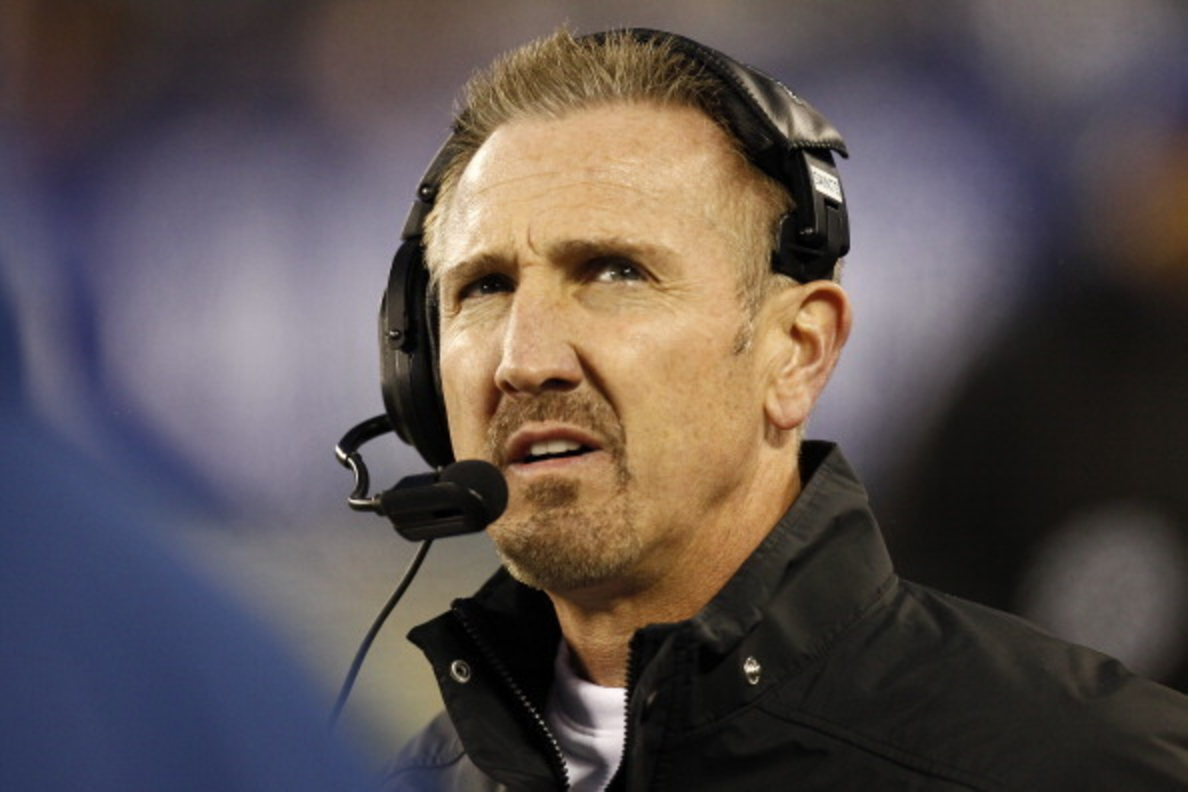 EAST RUTHERFORD, NJ - DECEMBER 09:  Steve Spagnuolo, offensive coordinator of the New Orleans Saints looks up during their game against New York Giants  at MetLife Stadium on December 9, 2012 in East Rutherford, New Jersey.  (Photo by Jeff Zelevansky/Gett