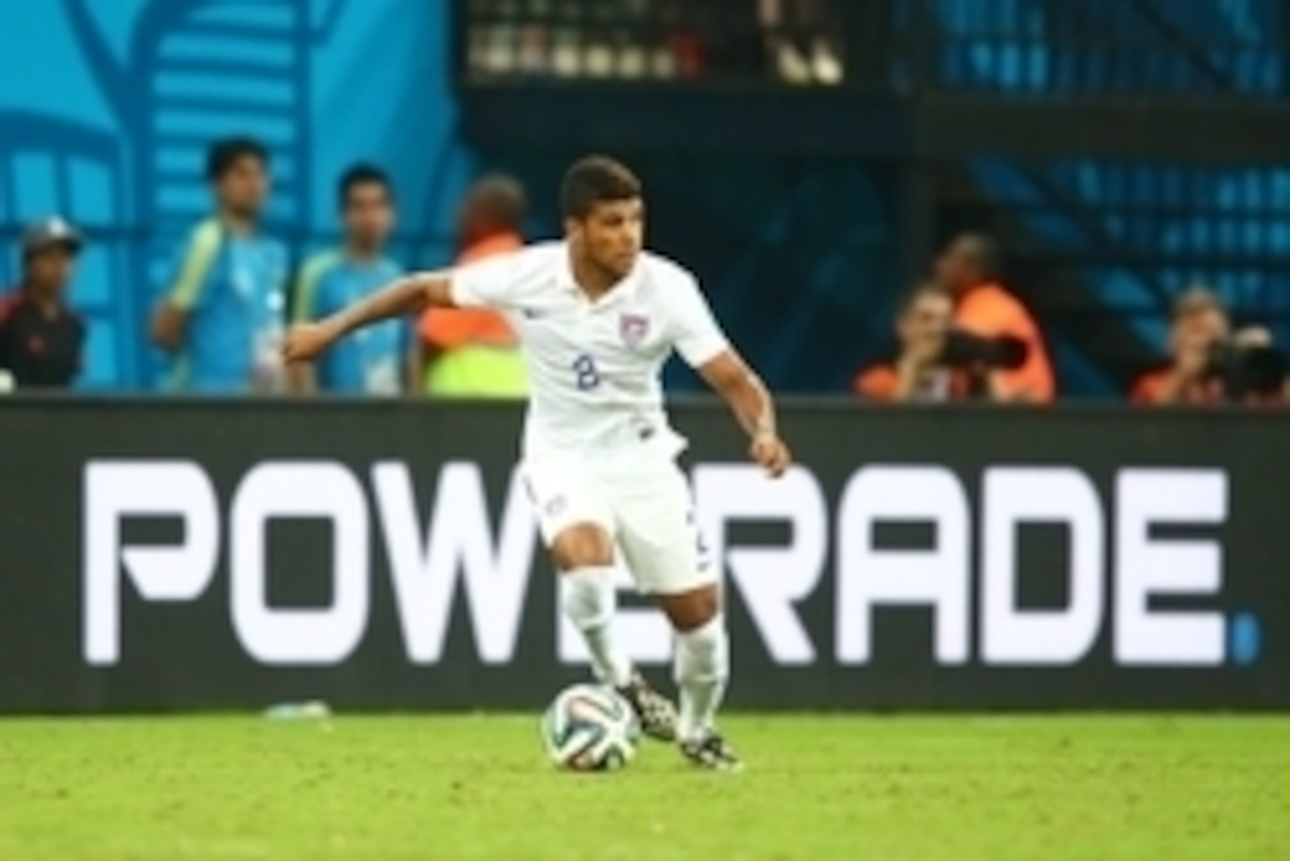 Jun 22, 2014; Manaus, Amazonas, BRAZIL; USA defender DeAndre Yedlin (2) against Portugal during the 2014 World Cup at Arena Amazonia. The game ended in a 2-2 draw. Mandatory Credit: Mark J. Rebilas-USA TODAY Sports