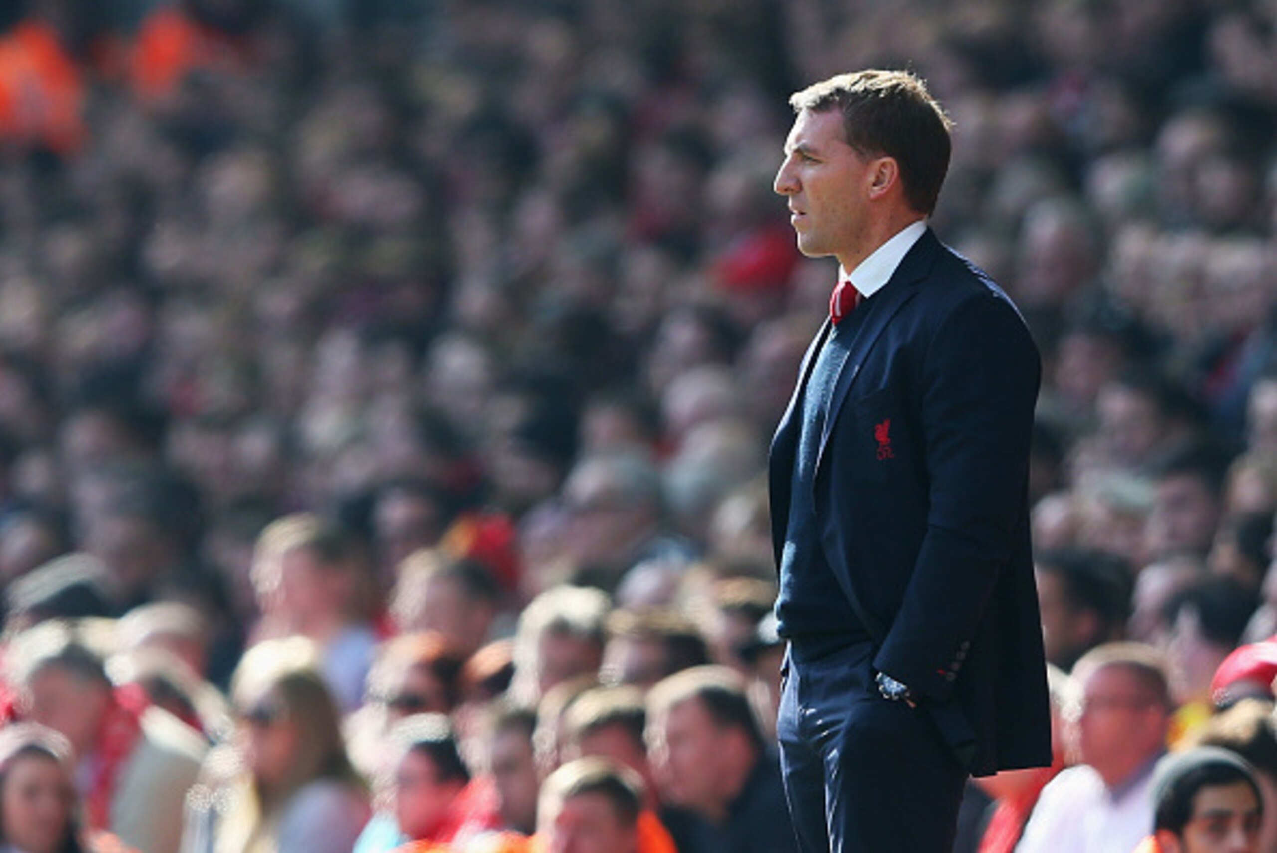 LIVERPOOL, ENGLAND - MARCH 22:  Brendan Rodgers, manager of Liverpool looks on during the Barclays Premier League match between Liverpool and Manchester United at Anfield on March 22, 2015 in Liverpool, England.  (Photo by Alex Livesey/Getty Images)