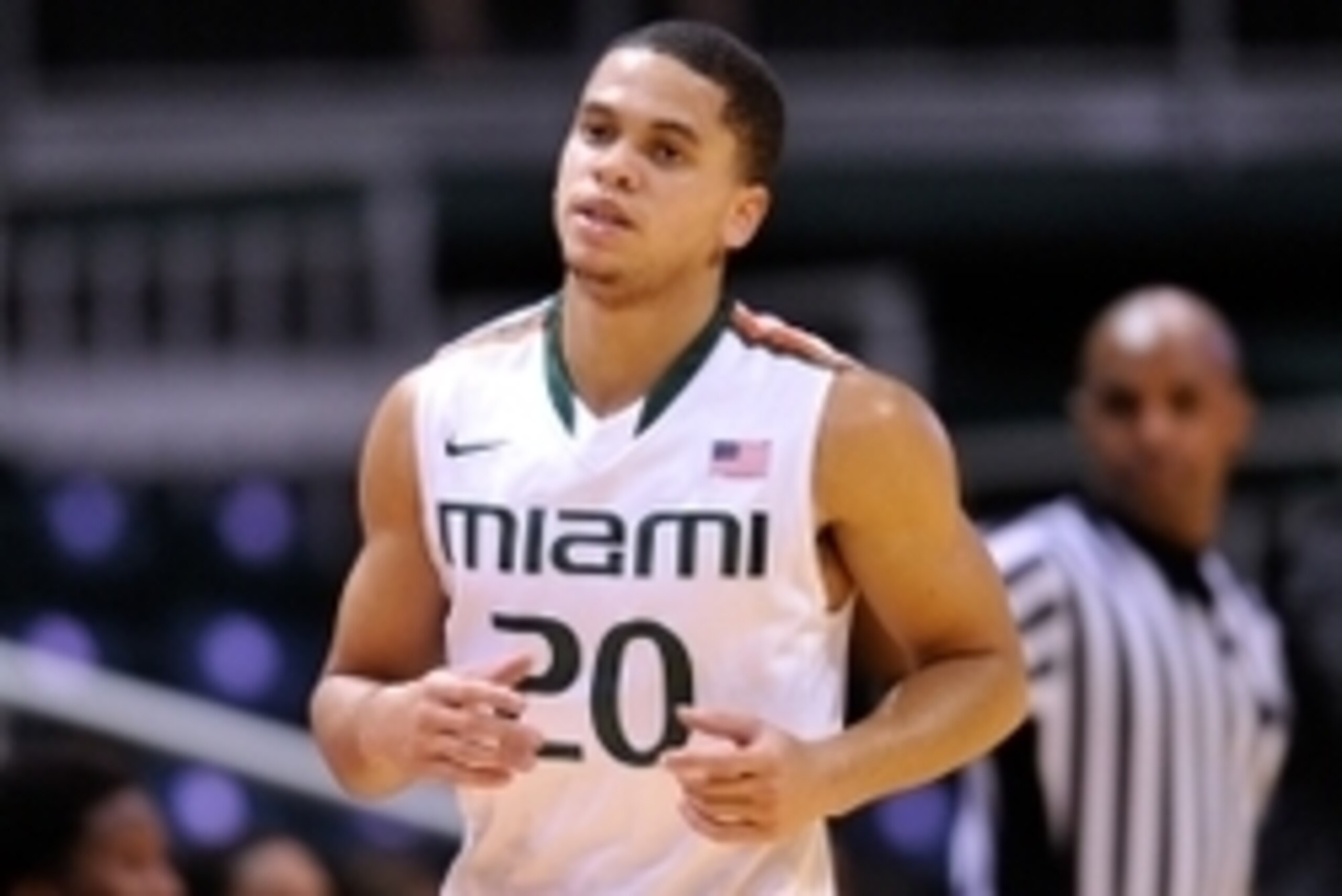 Dec 8, 2014; Coral Gables, FL, USA; Miami Hurricanes guard Manu Lecomte (20) against Savannah State Tigers during the first half at BankUnited Center. Mandatory Credit: Steve Mitchell-USA TODAY Sports