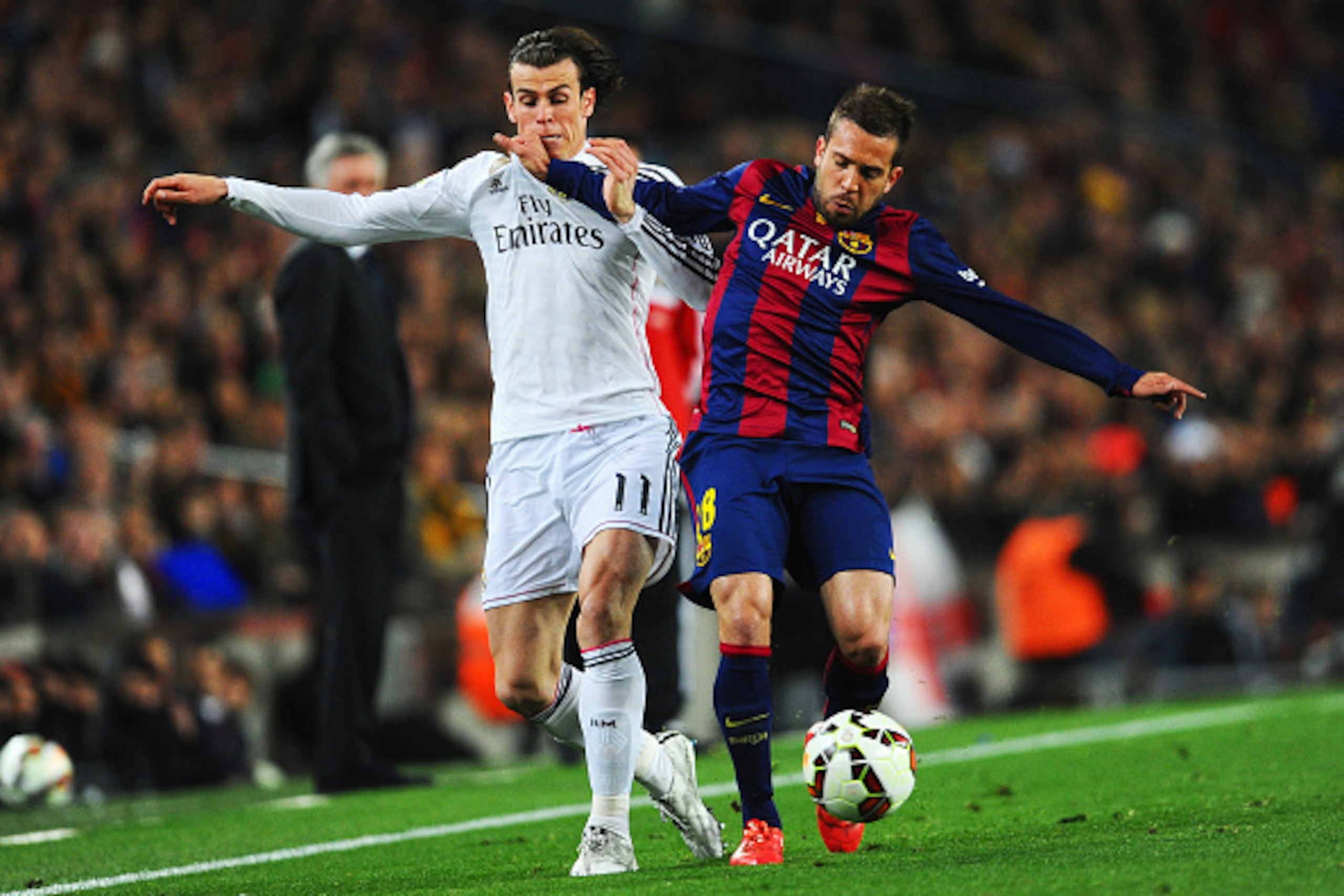 BARCELONA, SPAIN - MARCH 22: Gareth Bale of Real Madrid CF battles with Jordi Alba of Barcelona during the La Liga match between FC Barcelona and Real Madrid CF at Camp Nou on March 22, 2015 in Barcelona, Spain. (Photo by David Ramos/Getty Images) BARCELONA, SPAIN - MARCH 22: Gareth Bale of Real Madrid CF battles with Jordi Alba of Barcelona during the La Liga match between FC Barcelona and Real Madrid CF at Camp Nou on March 22, 2015 in Barcelona, Spain. (Photo by David Ramos/Getty Images)