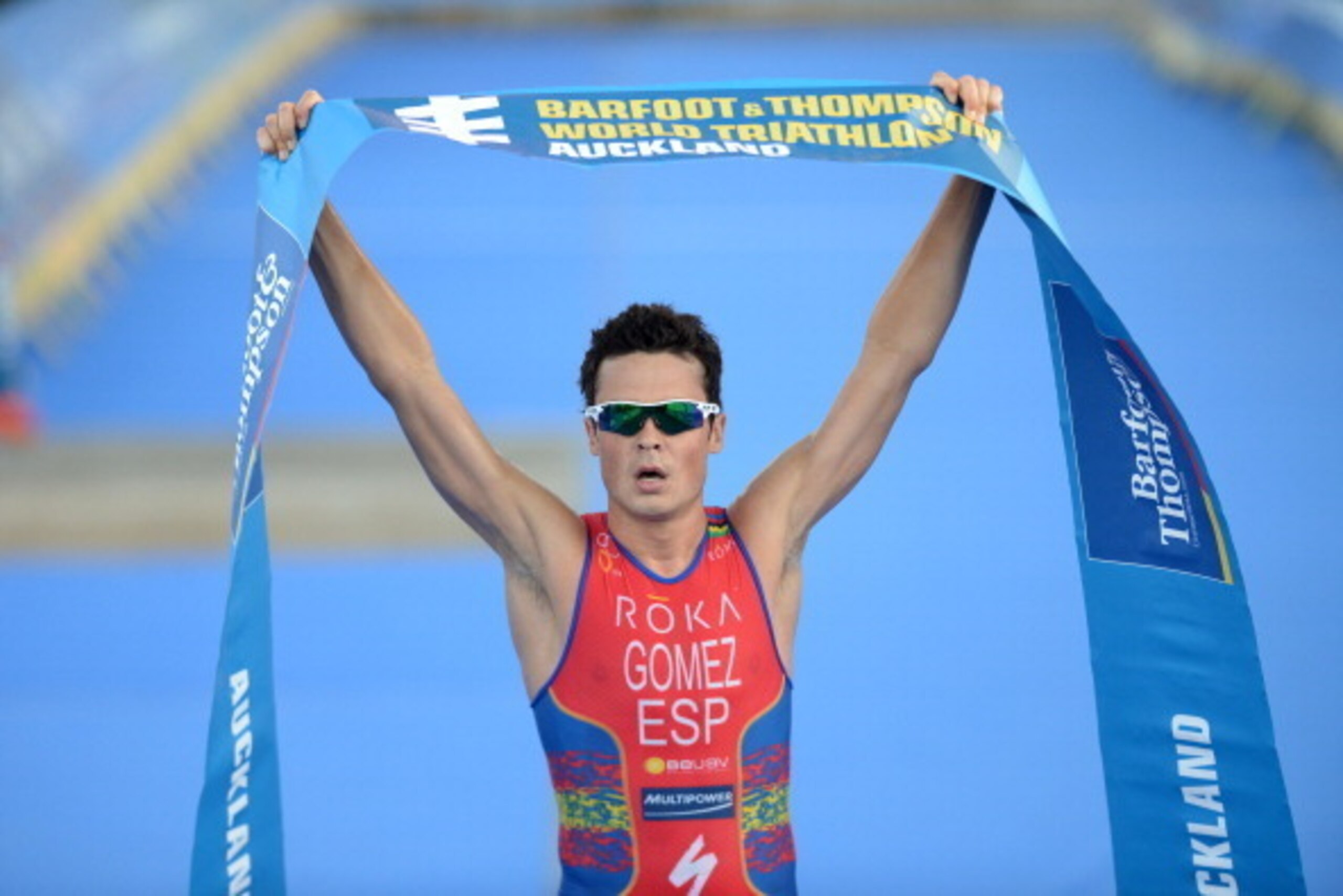 AUCKLAND, NEW ZEALAND - APRIL 06: In this photo released by the International Triathlon Union, Spain's Javier Gomez claims victory in the opening race of the 2014 ITU World Triathlon Series, making it a hat-trick of wins on April 6, 2014 in Auckland, New 