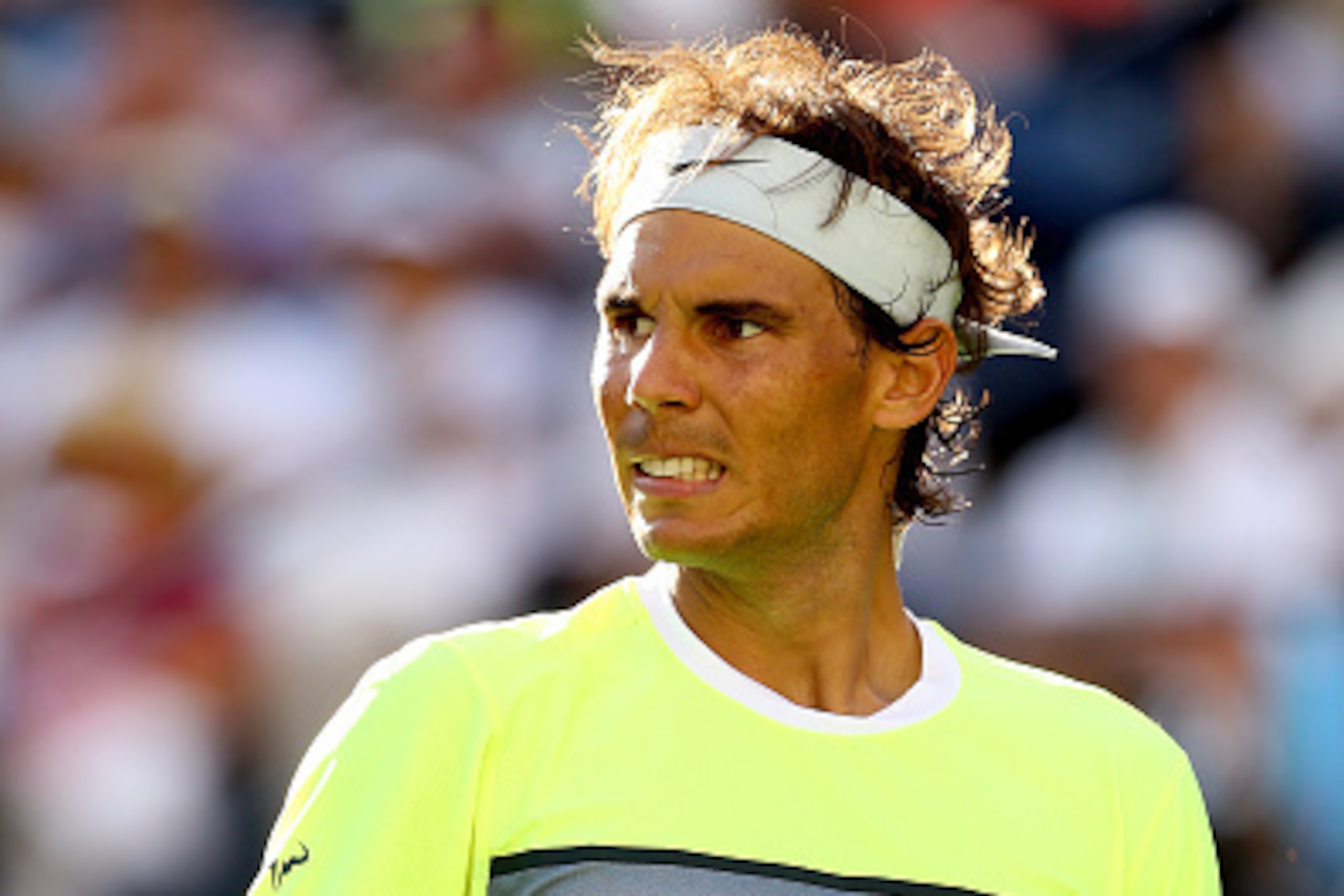 INDIAN WELLS, CA - MARCH 20:  Rafael Nadal of Spain celebrates a point against Milos Roanic of Canada during day twelve of the BNP Paribas Open at the Indian Wells Tennis Garden on March 20, 2015 in Indian Wells, California.  (Photo by Matthew Stockman/Ge