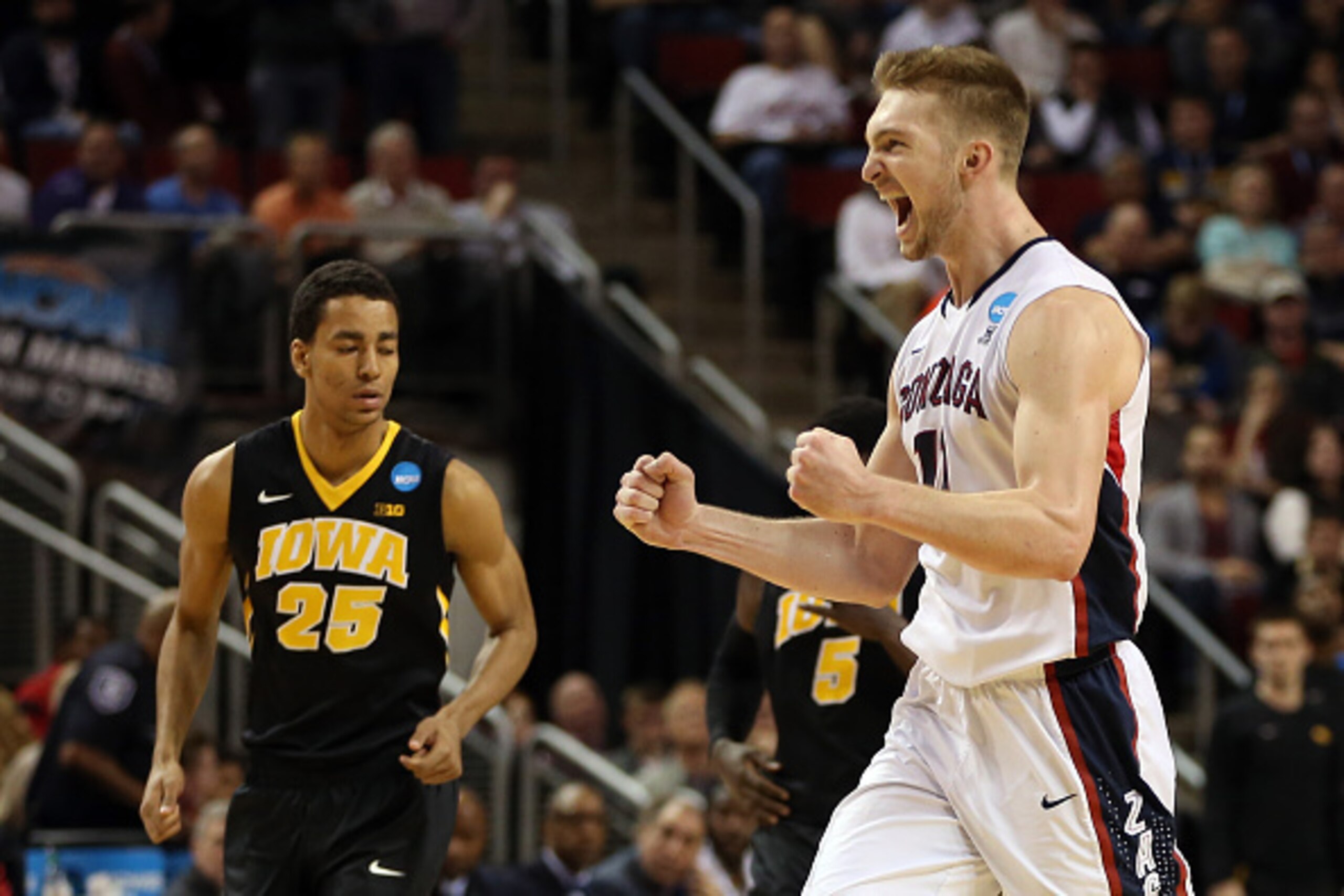 SEATTLE, WA - MARCH 22:  Domantas Sabonis #11 of the Gonzaga Bulldogs celebrates against the Iowa Hawkeyes in the second half of the game during the third round of the 2015 NCAA Men's Basketball Tournament at KeyArena on March 22, 2015 in Seattle, Washing