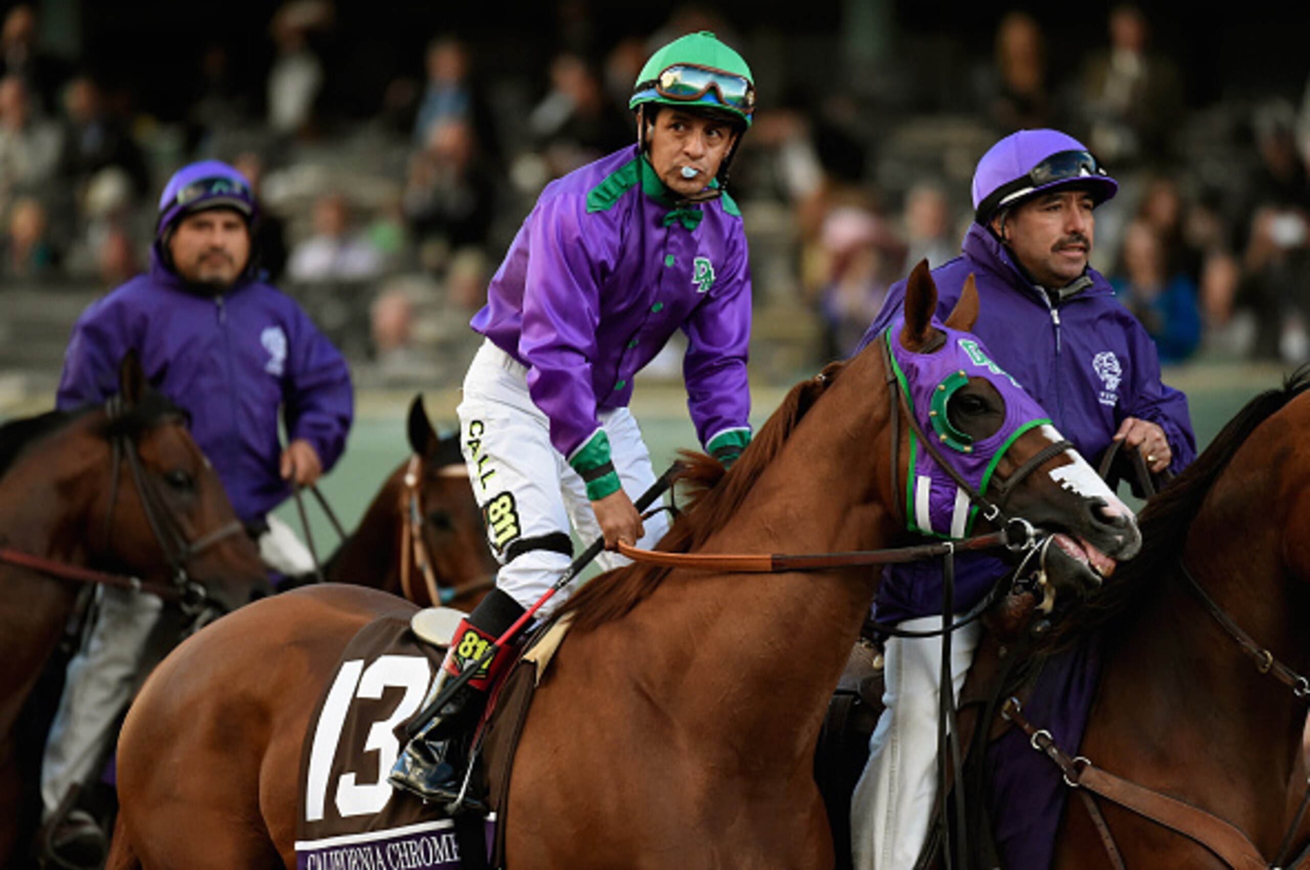 ARCADIA, CA - NOVEMBER 01: Jockey Victor Espinoza atop California Chrome takes the track for the start of the 2014 Breeders' Cup Classic at Santa Anita Park on November 1, 2014 in Arcadia, California. (Photo by Kevork Djansezian/Getty Images) ARCADIA, CA - NOVEMBER 01: Jockey Victor Espinoza atop California Chrome takes the track for the start of the 2014 Breeders' Cup Classic at Santa Anita Park on November 1, 2014 in Arcadia, California. (Photo by Kevork Djansezian/Getty Images)