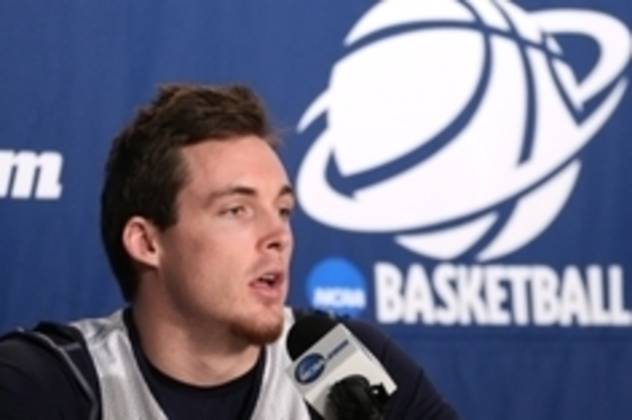 Mar 18, 2015; Pittsburgh, PA, USA; Notre Dame Fighting Irish guard/forward Pat Connaughton speaks to the media before practice for the second round of the 2015 NCAA Tournament at Consol Energy Center. Mandatory Credit: Charles LeClaire-USA TODAY Sports