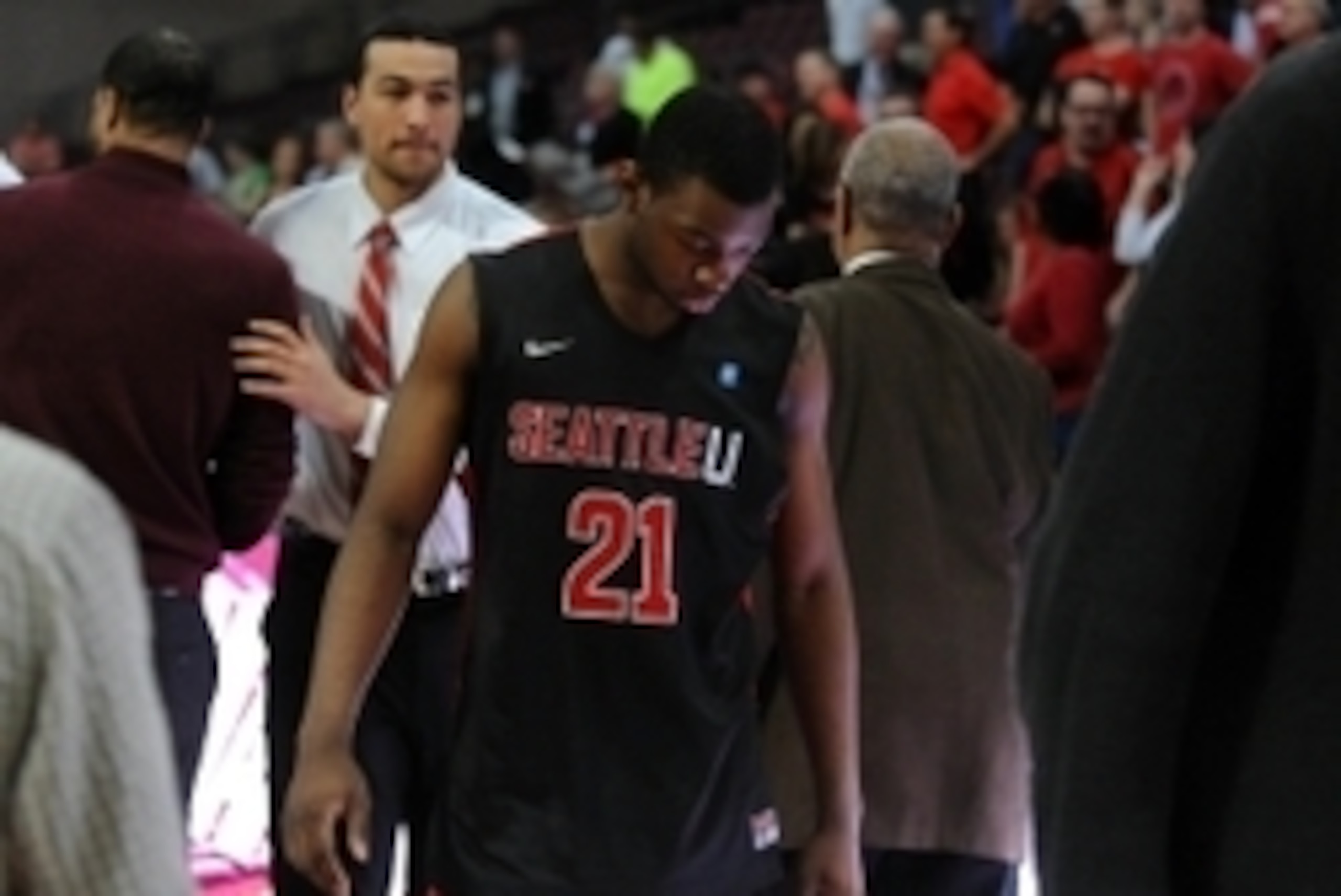 Mar 14, 2015; Las Vegas, NV, USA; Seattle Redhawks forward William Powell (21) walks off the court after being defeated by New Mexico 80-61 in the Western Athletics Conference Tournament title game at Orleans Arena. Mandatory Credit: Stephen R. Sylvanie-U