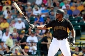 Mar 5, 2015; Bradenton, FL, USA; Pittsburgh Pirates right fielder Gregory Polanco (25) at bat against the New York Yankees at a spring training baseball game at McKechnie Field. Mandatory Credit: Kim Klement-USA TODAY Sports