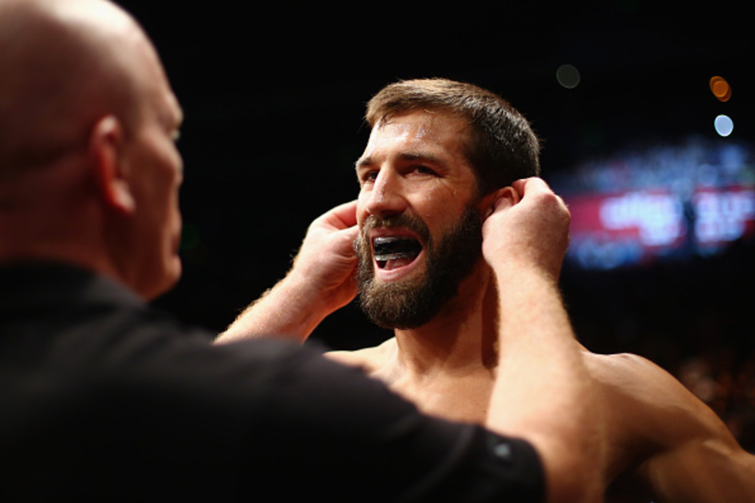 SYDNEY, AUSTRALIA - NOVEMBER 08:  Luke Rockhold of the USA prepares to face Michael Bisping of England in their middleweight fight during the UFC Fight Night 55 event at Allphones Arena on November 8, 2014 in Sydney, Australia.  (Photo by Mark Kolbe/Getty