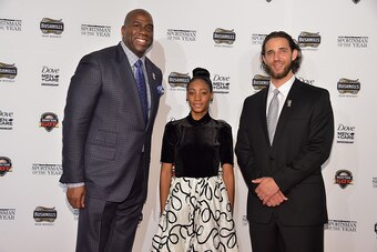 NEW YORK, NY - DECEMBER 09:  (L-R) Magic Johnson, Mo'ne Davis and Madison Bumgarner attend the Sportsman Of The Year 2014 Ceremony on December 9, 2014 in New York City.  (Photo by Michael Loccisano/Getty Images for Sports Illustrated)