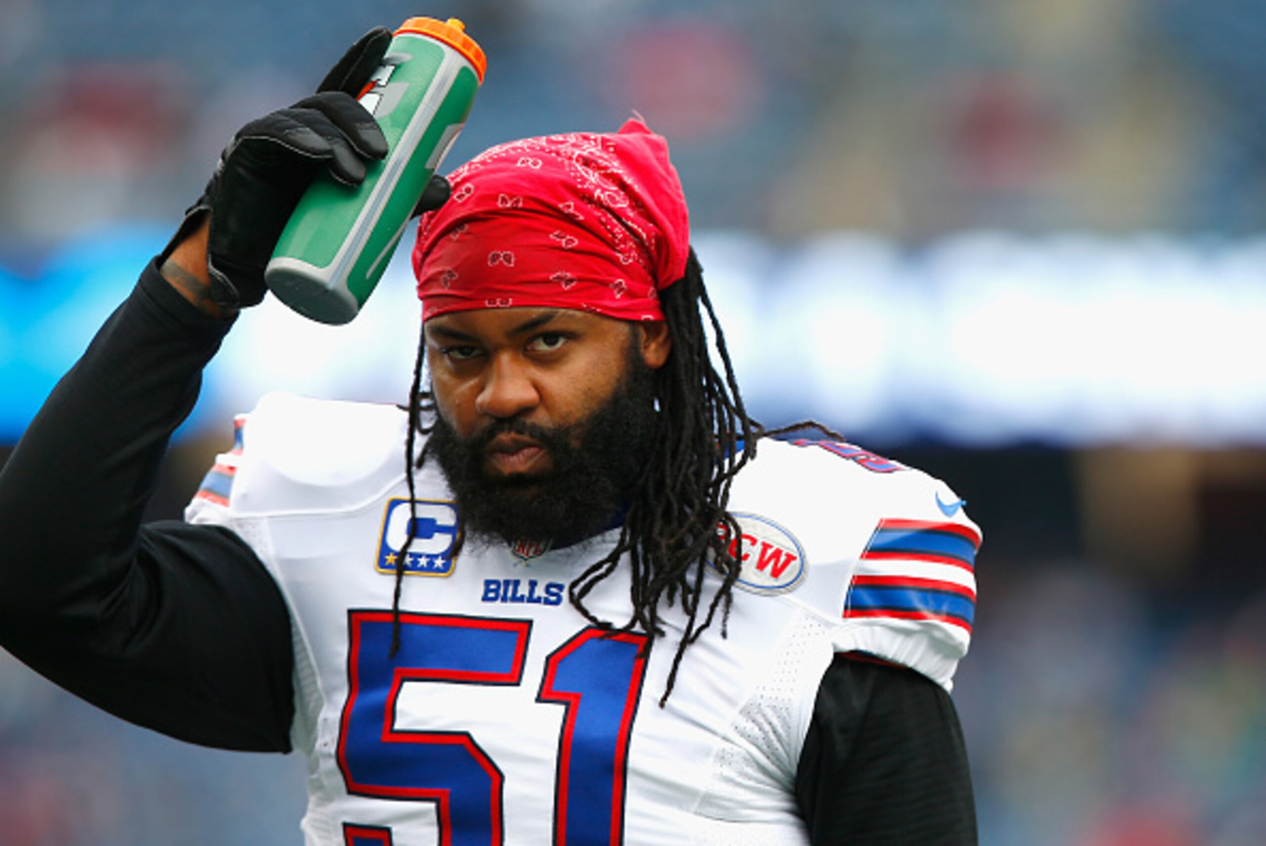 FOXBORO, MA - DECEMBER 28:  Brandon Spikes #51 of the Buffalo Bills warms up before a game against the New England Patriots at Gillette Stadium on December 28, 2014 in Foxboro, Massachusetts.  (Photo by Jared Wickerham/Getty Images)