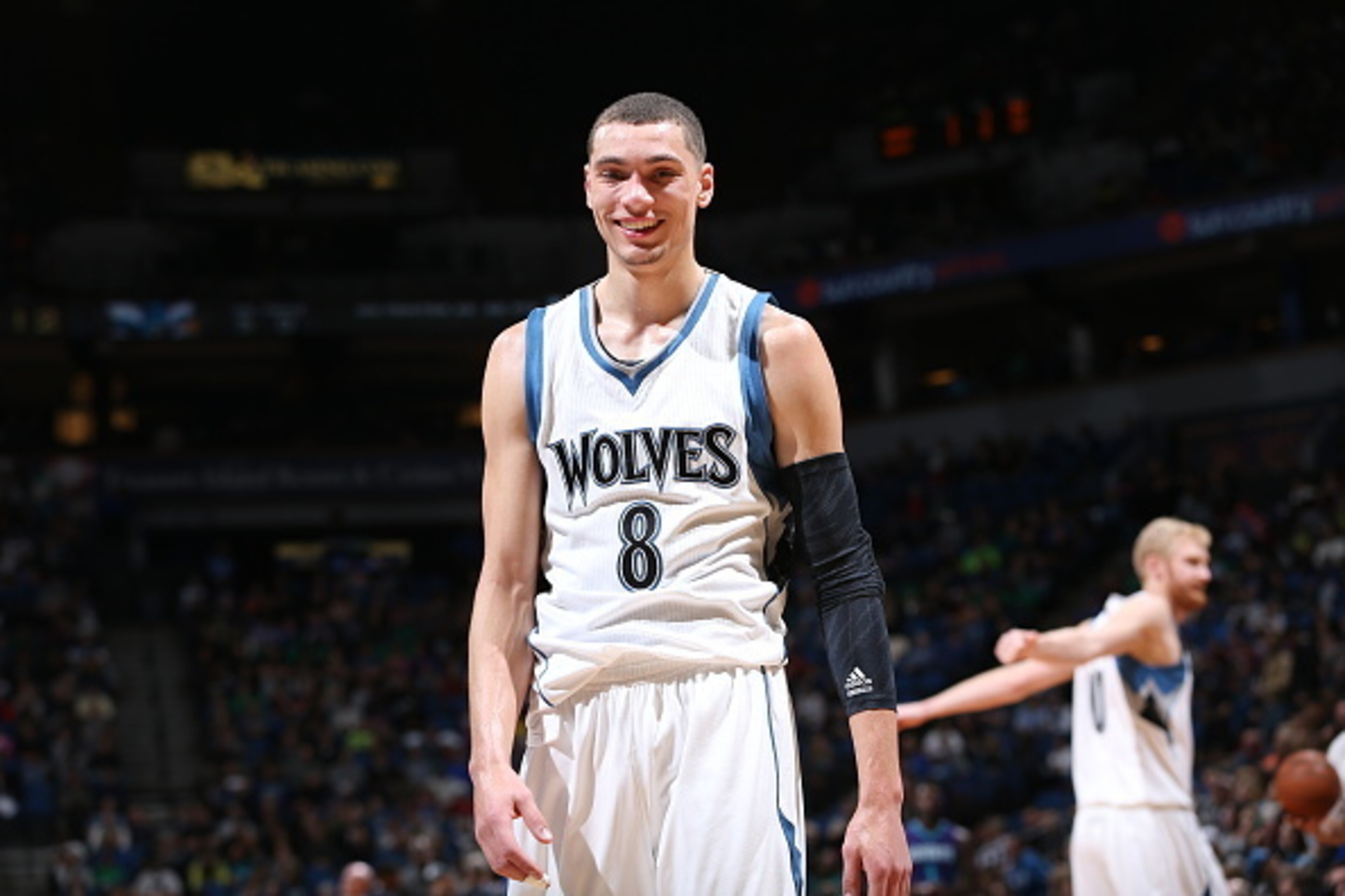 MINNEAPOLIS, MN - MARCH 22:  Zach LaVine #8 of the Minnesota Timberwolves smiles during the game against the Charlotte Hornets on March 22, 2015 at Target Center in Minneapolis, Minnesota. NOTE TO USER: User expressly acknowledges and agrees that, by down