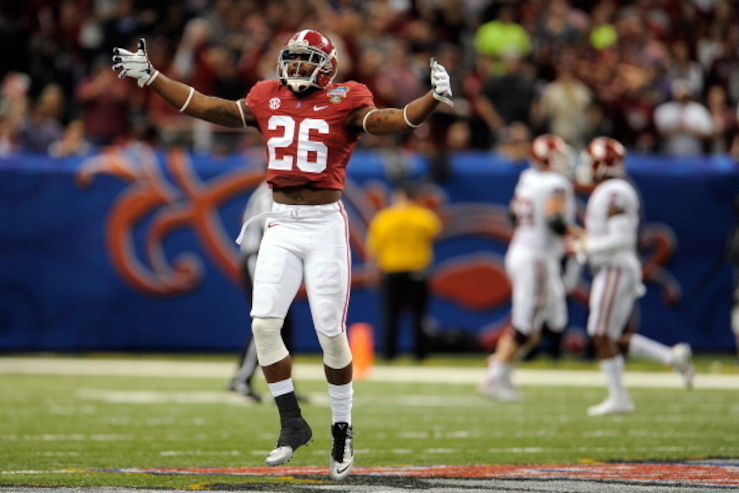 NEW ORLEANS, LA - JANUARY 02: Landon Collins #26 of the Alabama Crimson Tide reacts against the Oklahoma Sooners during the Allstate Sugar Bowl at the Mercedes-Benz Superdome on January 2, 2014 in New Orleans, Louisiana.  (Photo by Stacy Revere/Getty Imag