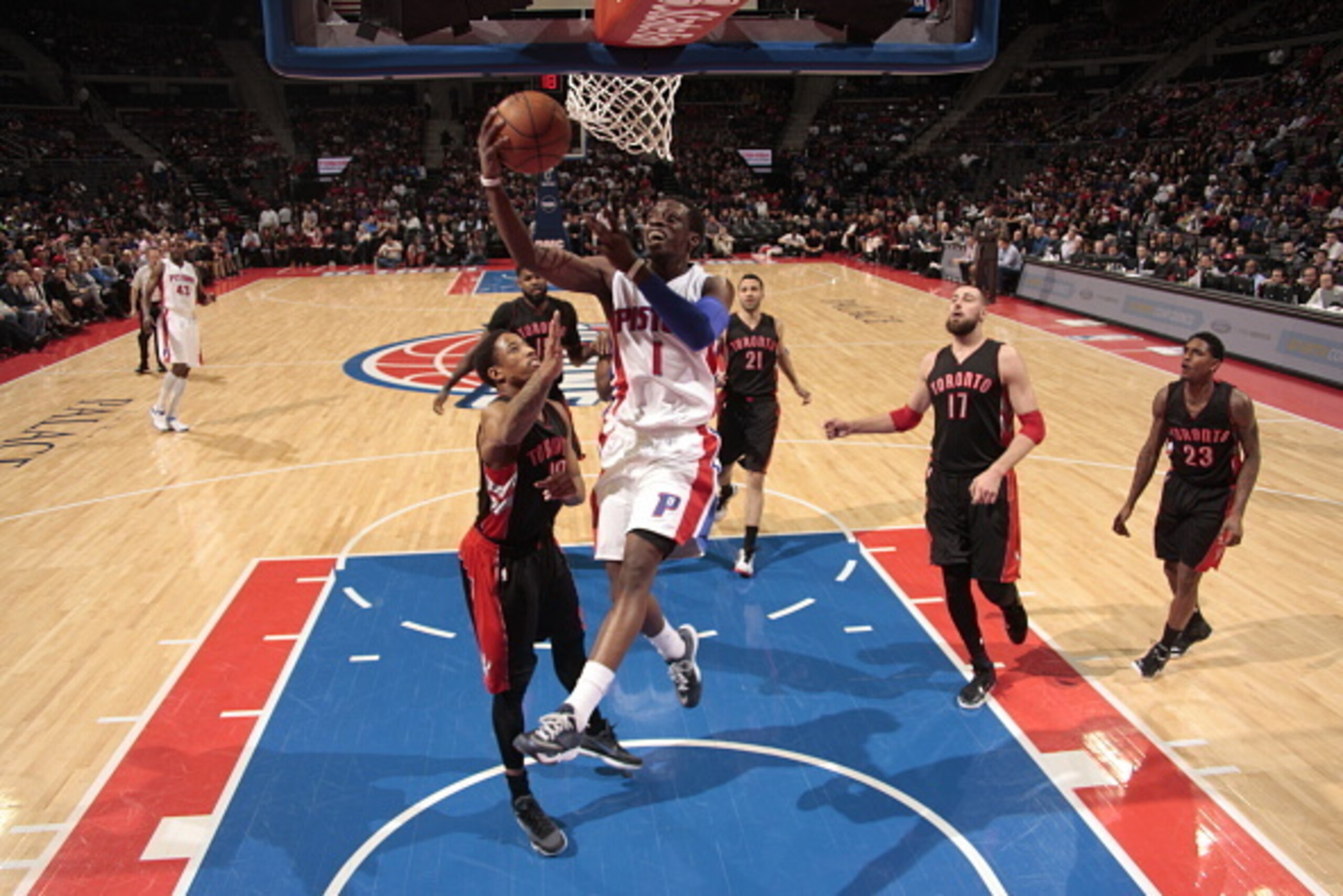 AUBURN HILLS, MI - MARCH 24:  Reggie Jackson #1 of the Detroit Pistons goes to the basket against the Toronto Raptors on March 24, 2015 at the Palace of Auburn Hills in Auburn Hills, Michigan. NOTE TO USER: User expressly acknowledges and agrees that, by 