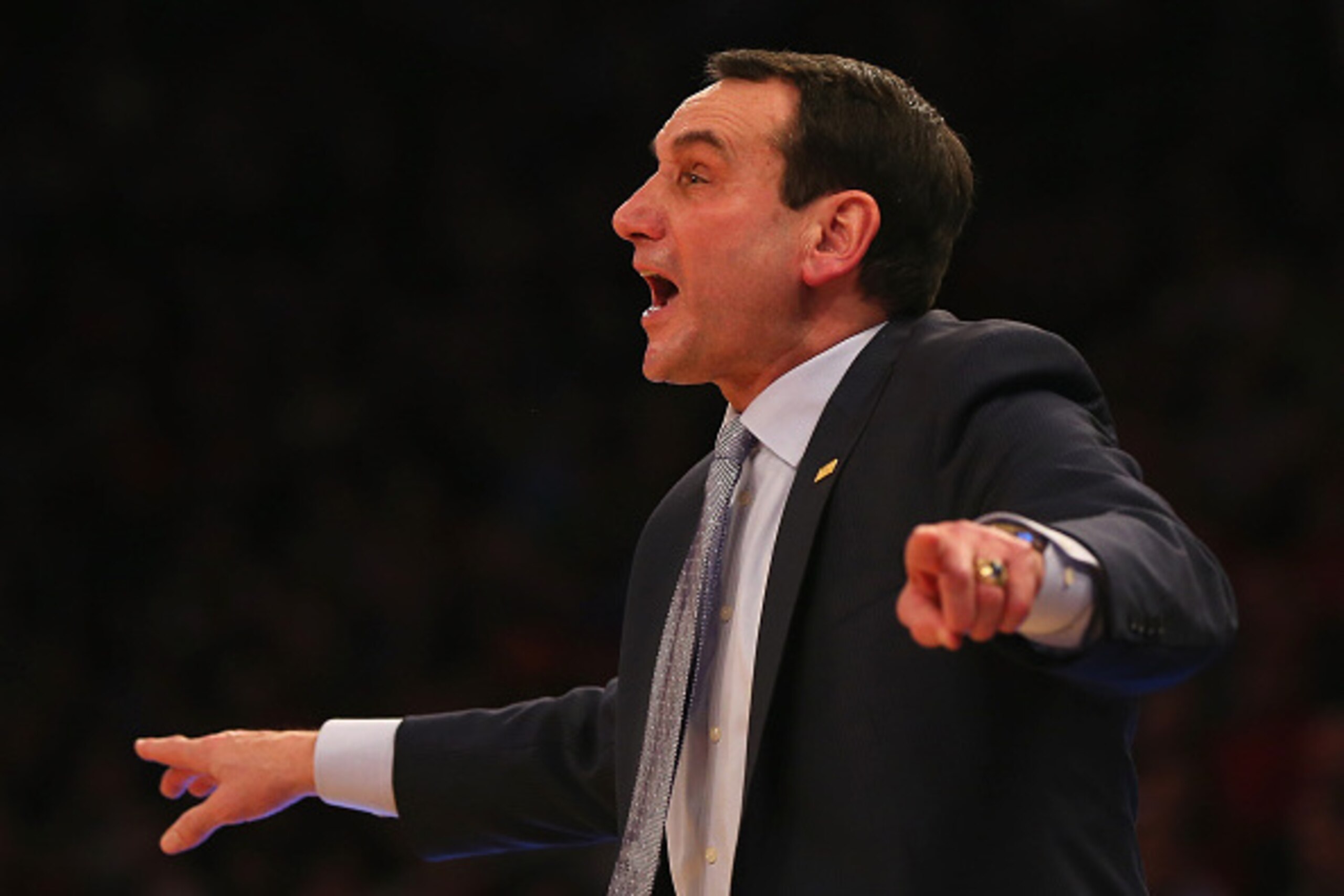 NEW YORK, NY - JANUARY 25:  Head coach Mike Krzyzewski of the Duke Blue Devils directs his players in the second half against the St. John's Red Storm at Madison Square Garden on January 25, 2015 in New York City.Duke defeated St. John's 77-68.Duke head c