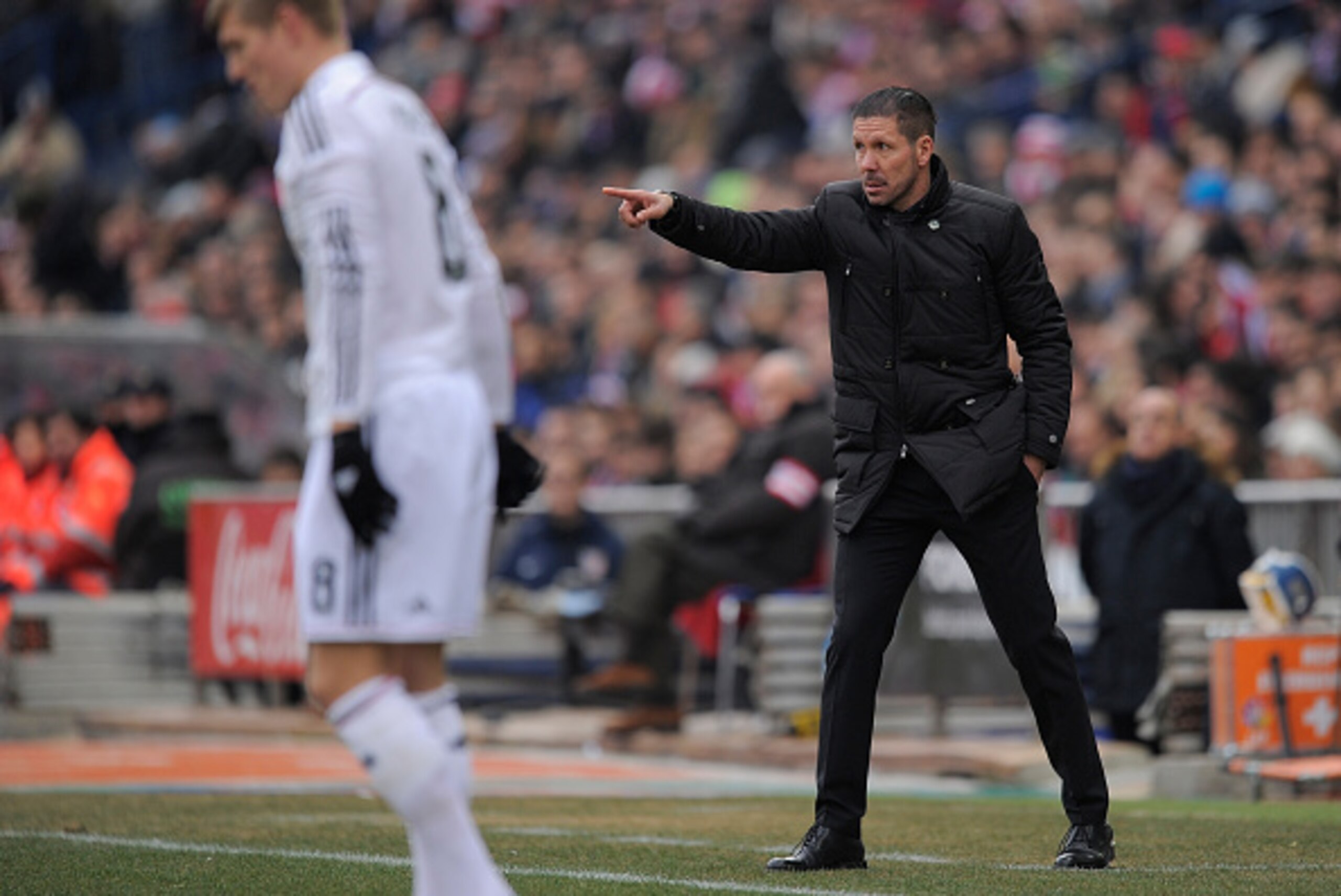 MADRID, SPAIN - FEBRUARY 07:  Head coach Diego Simeone of Club Atletico de Madrid reacts during the La Liga match between Club Atletico de Madrid and Real Madrid at Vicente Calderon Stadium on February 7, 2015 in Madrid, Spain.  (Photo by Denis Doyle/Gett