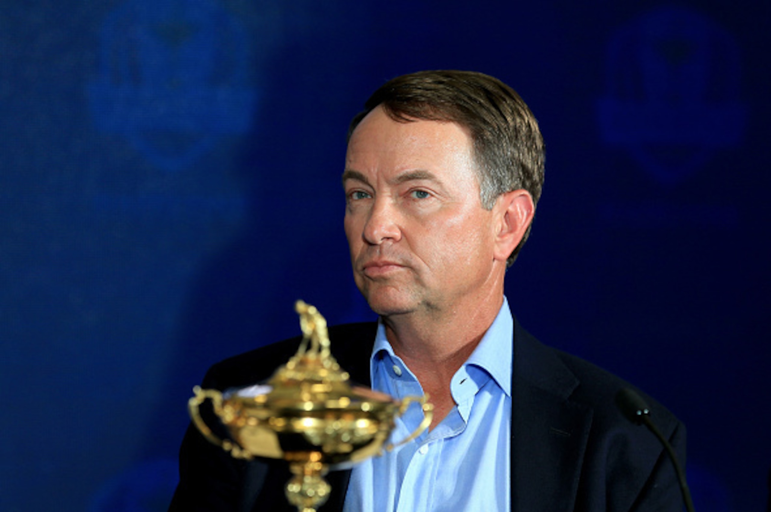 PALM BEACH GARDENS, FL - FEBRUARY 24: Davis Love III sits beside the Ryder Cup Trophy during his announcement as the 2016 United States Ryder Cup Team Captain at the PGA headquarters on February 24, 2015 in Palm Beach Gardens, Florida. (Photo by David C PALM BEACH GARDENS, FL - FEBRUARY 24: Davis Love III sits beside the Ryder Cup Trophy during his announcement as the 2016 United States Ryder Cup Team Captain at the PGA headquarters on February 24, 2015 in Palm Beach Gardens, Florida. (Photo by David C