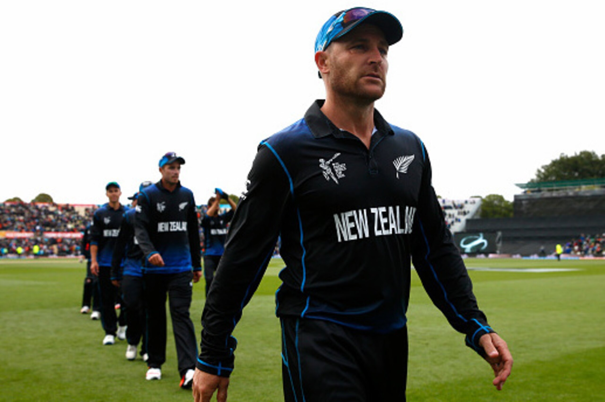 CHRISTCHURCH, NEW ZEALAND - FEBRUARY 14: Brendon McCullum of New Zealand leads the team off the field following the 2015 ICC Cricket World Cup match between Sri Lanka and New Zealand at Hagley Oval on February 14, 2015 in Christchurch, New Zealand.  (Phot