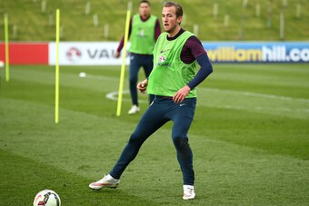 BURTON-UPON-TRENT, ENGLAND - MARCH 24:  Harry Kane in action during an England training session at St Georges Park on March 24, 2015 in Burton-upon-Trent, England.  (Photo by Richard Heathcote/Getty Images)