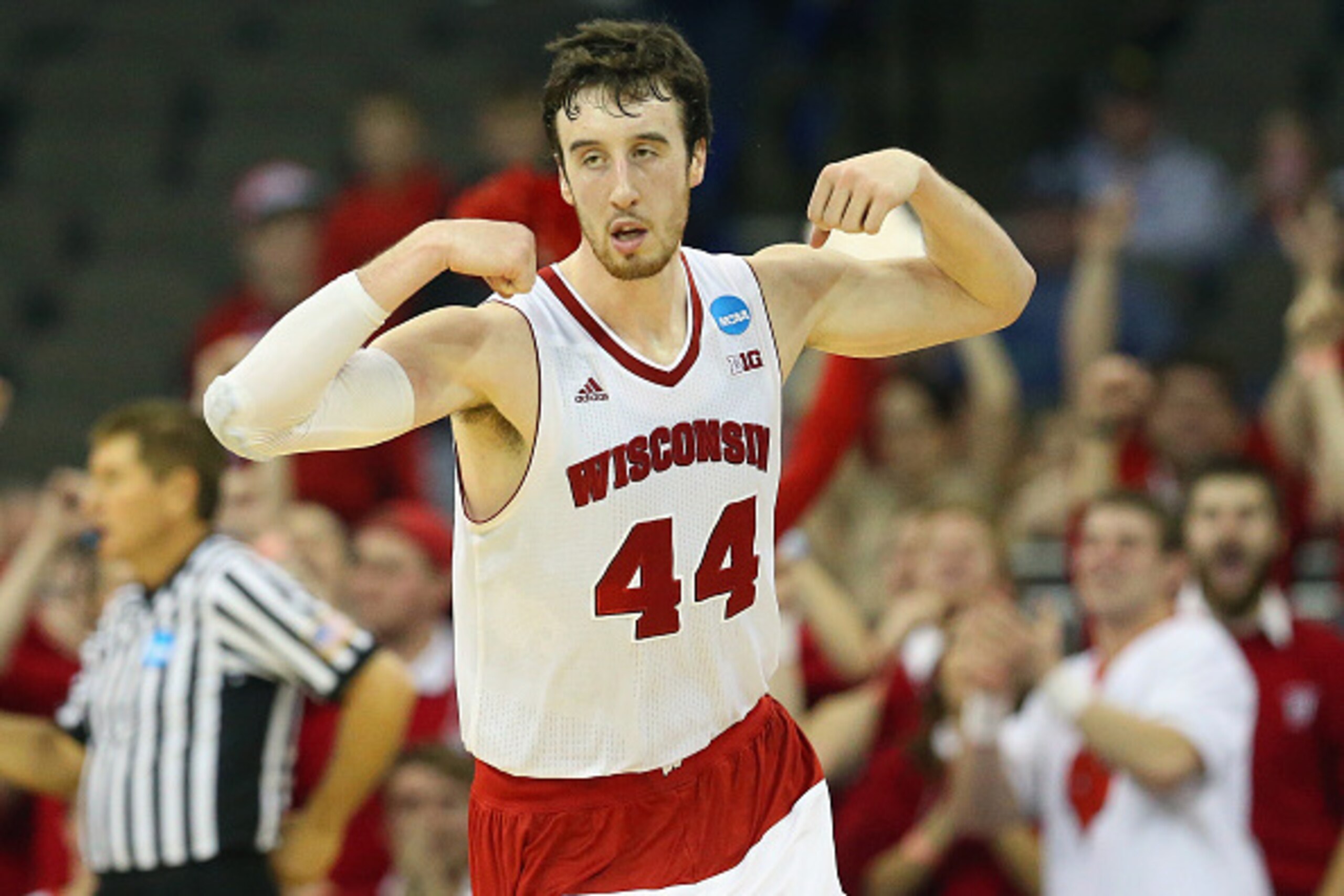 OMAHA, NE - MARCH 22: Frank Kaminsky #44 of the Wisconsin Badgers reacts during the third round of the 2015 NCAA Men's Basketball Tournament at the CenturyLink Center on March 22, 2015 in Omaha, Nebraska  (Photo by Ronald Martinez/Getty Images)