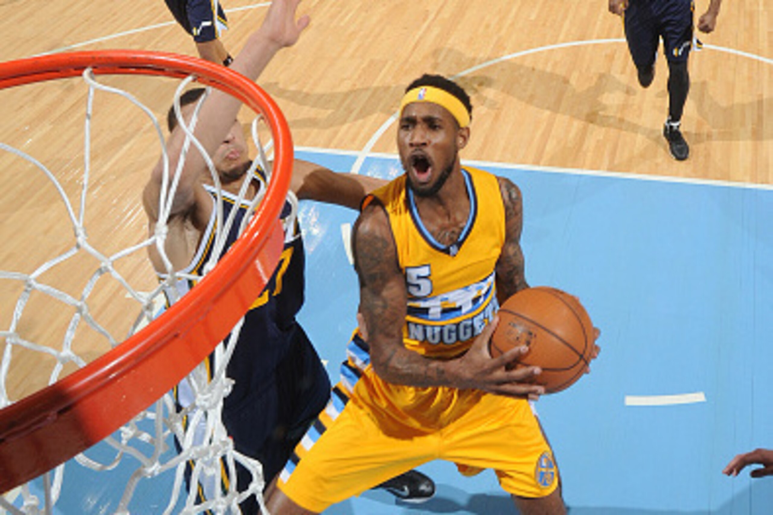 DENVER, CO - FEBRUARY 27: Will Barton #5 of the Denver Nuggets shoots against the Utah Jazz on February 27, 2015 at the Pepsi Center in Denver, Colorado. NOTE TO USER: User expressly acknowledges and agrees that, by downloading and/or using this Photograp