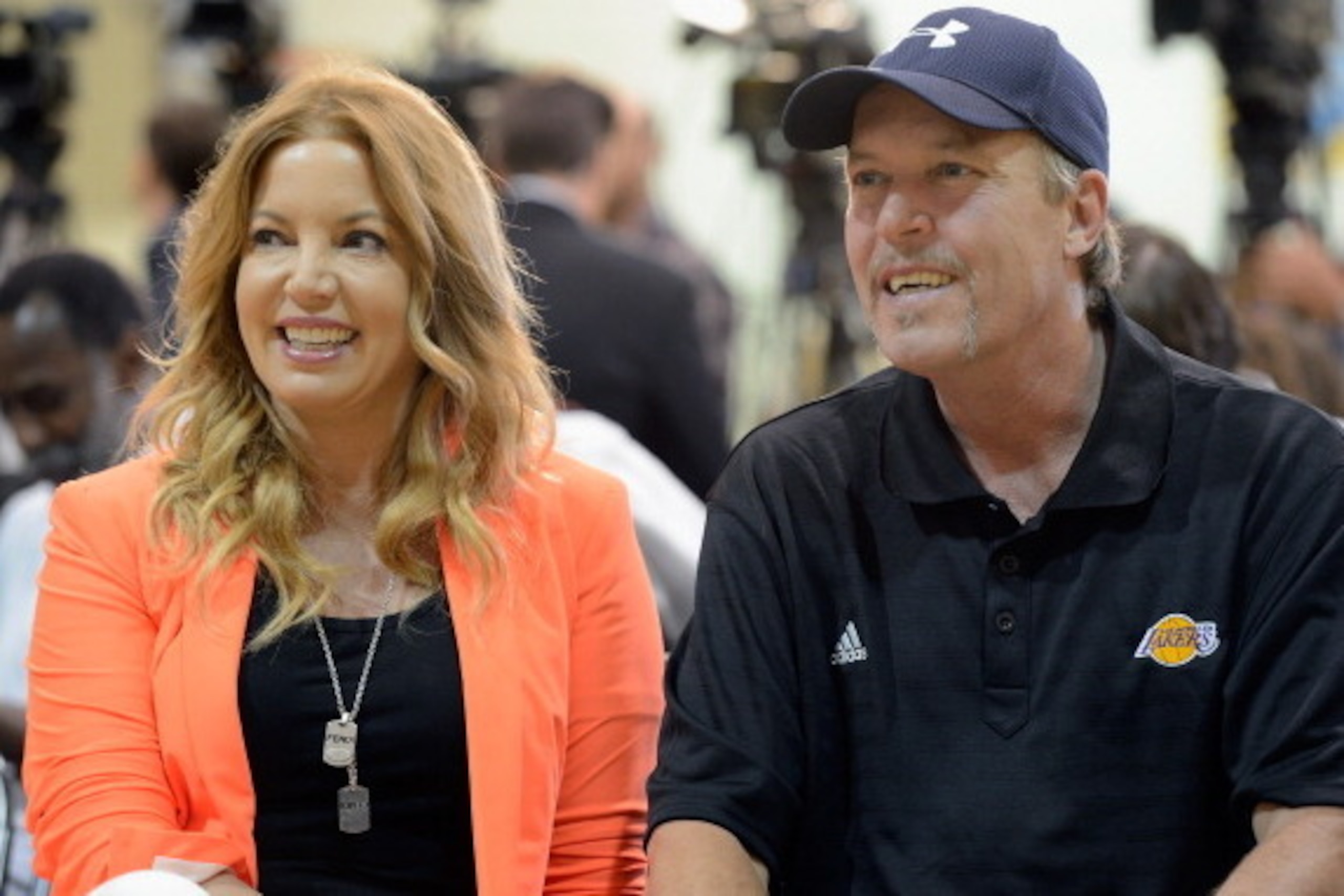 EL SEGUNDO, CA - AUGUST 10:  Jim Buss and his sister Jeanie Buss of the Los Angeles lakers attend a news conference where Dwight Howard was introduced as the newest member of the team at the Toyota Sports Center on August 10, 2012 in El Segundo, Californi