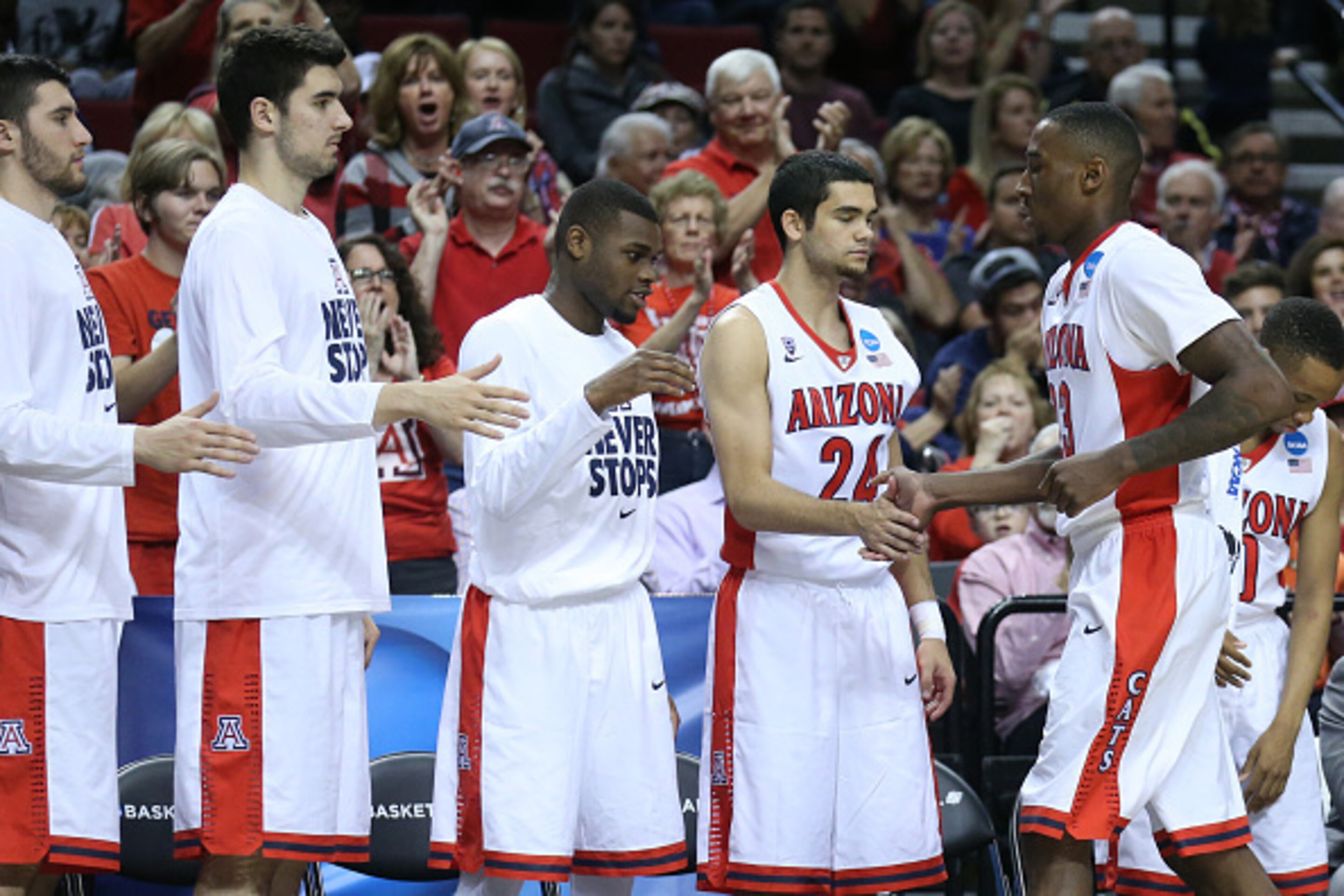 PORTLAND, OR - MARCH 19: Rondae Hollis-Jefferson #23 of the Arizona Wildcats checks out of the game against Texas Southern Tigers in the second half during the second round of the 2015 NCAA Men's Basketball Tournament at Moda Center on March 19, 2015 in P